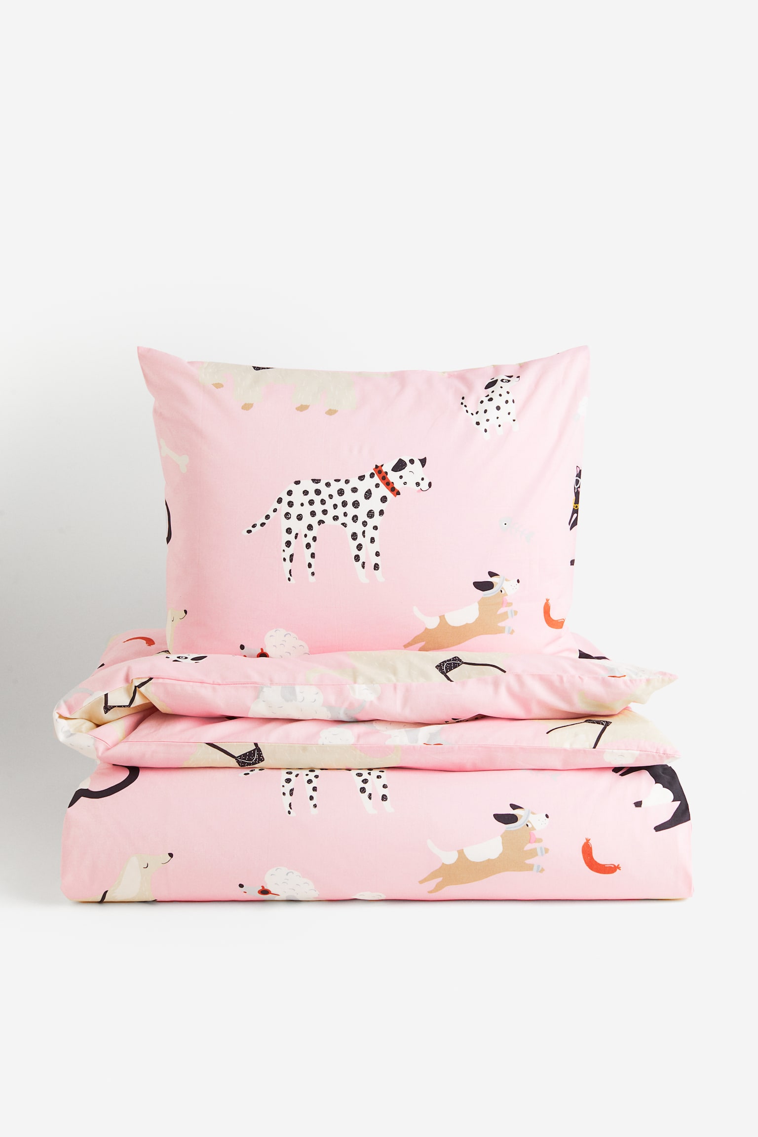 Conjunto de capa de edredão para cama individual - Rosa claro/Gatos e cães - 2