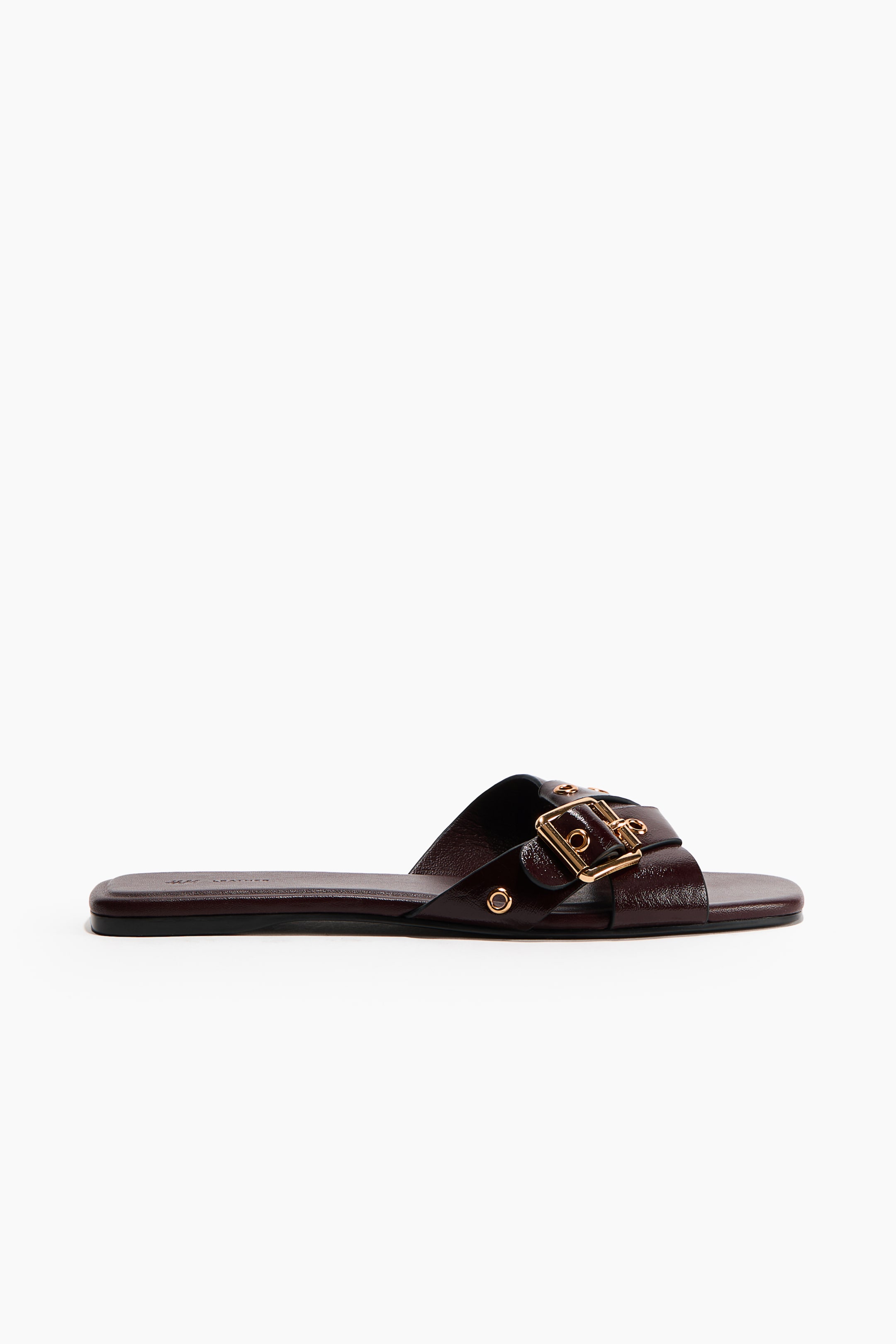 View larger image: A dark brown glossy leather flat slide sandal is displaying its side profile, featuring a wide, cross-over strap. The strap is adorned with a prominent gold-toned buckle and two smaller gold-toned eyelets.