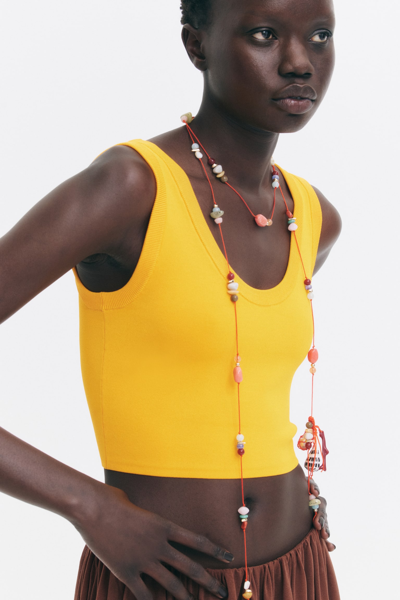Beaded cord necklace - Bright orange/Marbled - 1