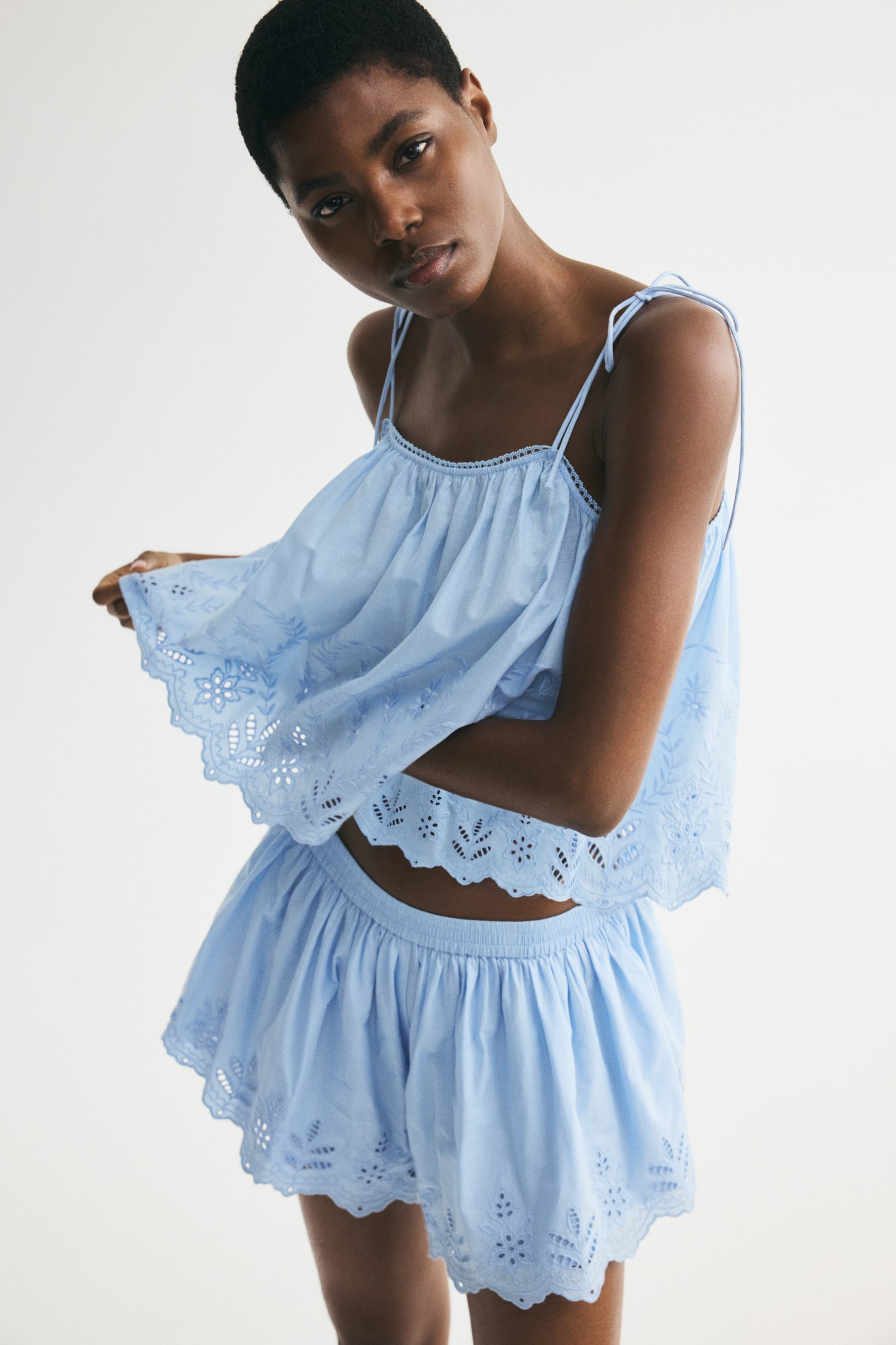 Broderie anglaise tie-strap top - Light blue - 1