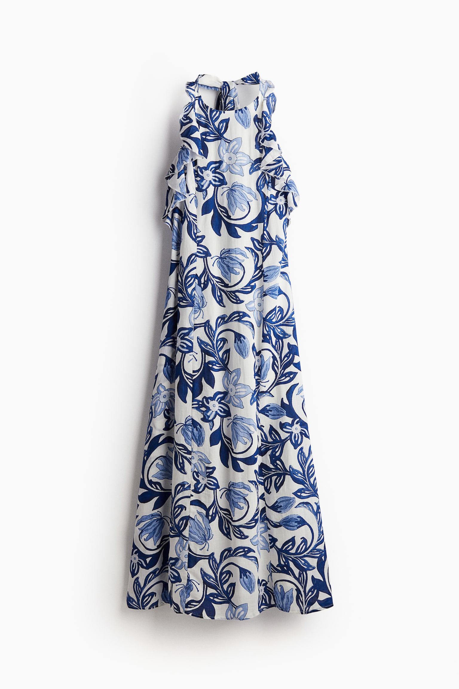 Flounce Trim Halterneck Dress - White/Blue floral - 2