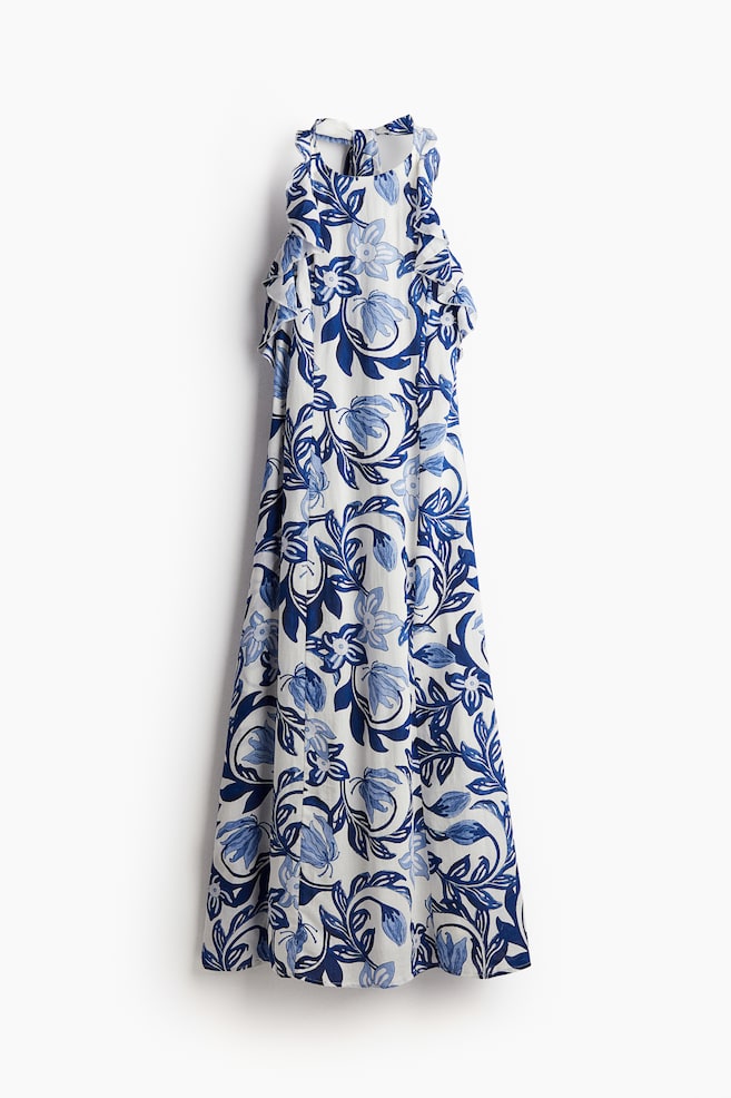 Flounce-trimmed halterneck dress - White/Blue floral - 1