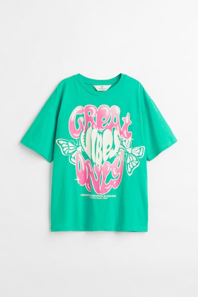 Oversized cotton T-shirt - Round neck - Short sleeve - Green/Great ...