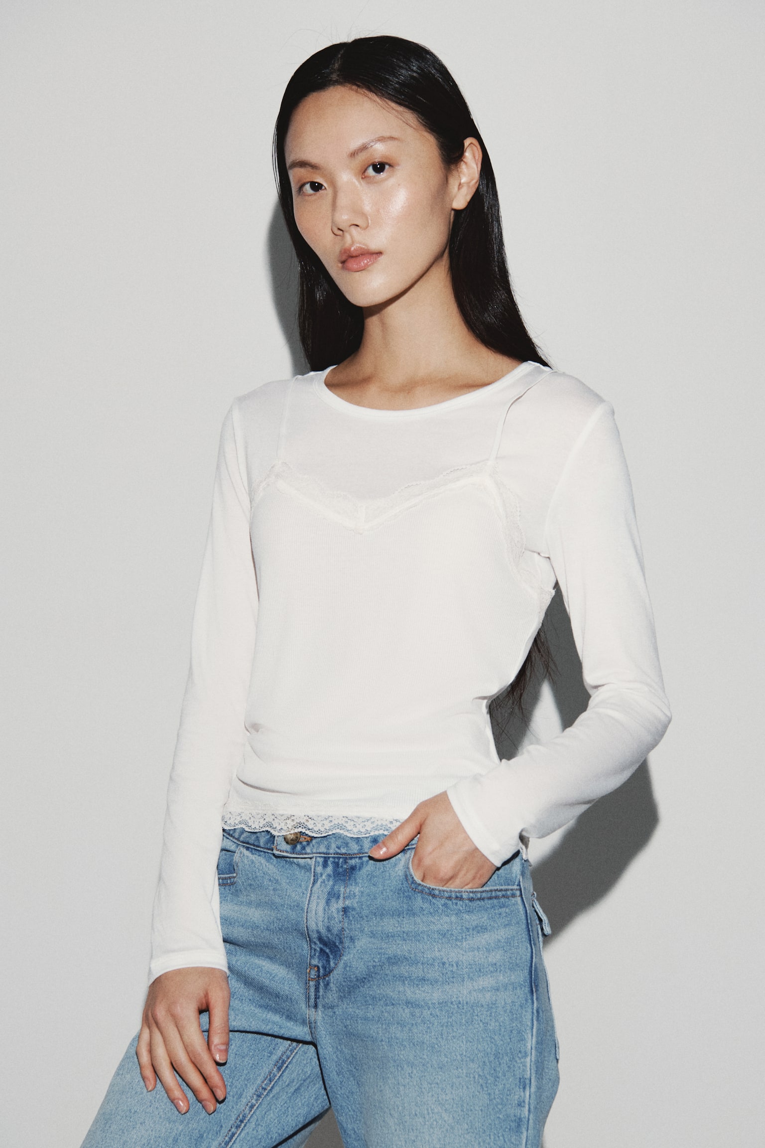 레이어드 탑 - 화이트/라이트 핑크/다크 그레이 멜란지 - 1