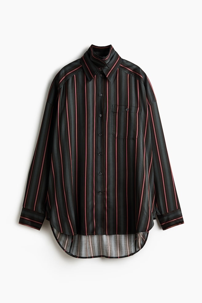 A dark shirt featuring vertical stripes in alternating dark grey and reddish-pink. It showcases a pointed collar, a full button-front placket with dark buttons, a left chest patch pocket, long sleeves with buttoned cuffs, and a curved hem. - 1