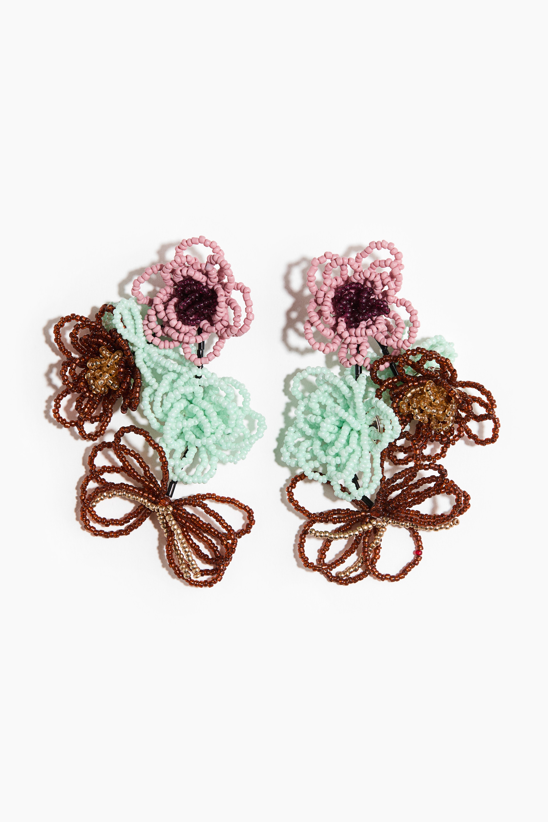 Beaded floral-motif earrings - Brown/Turquoise
