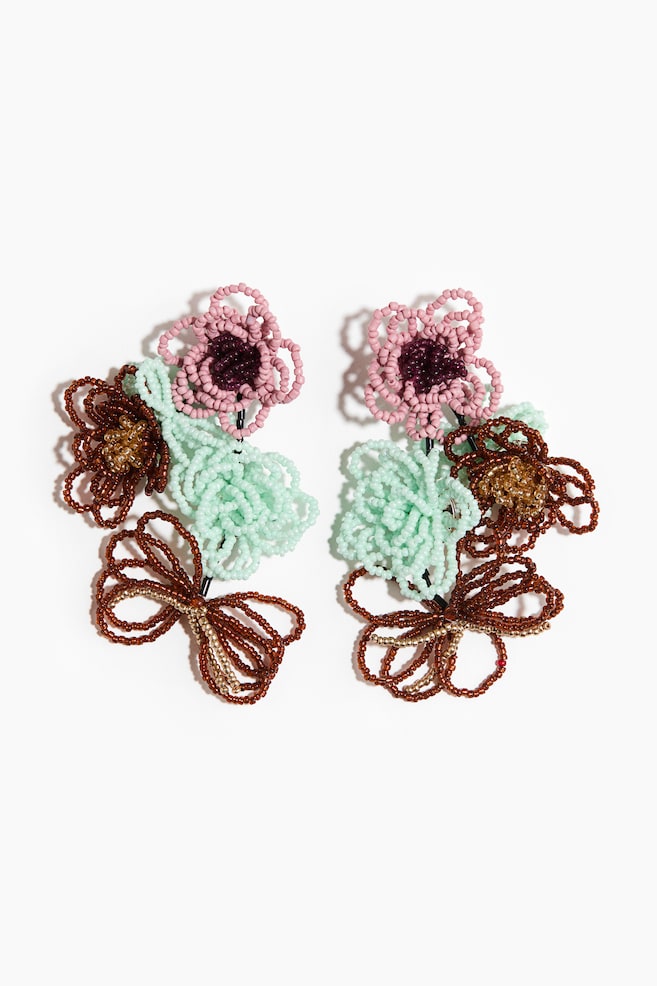 Beaded floral-motif earrings - Brown/Turquoise - 1