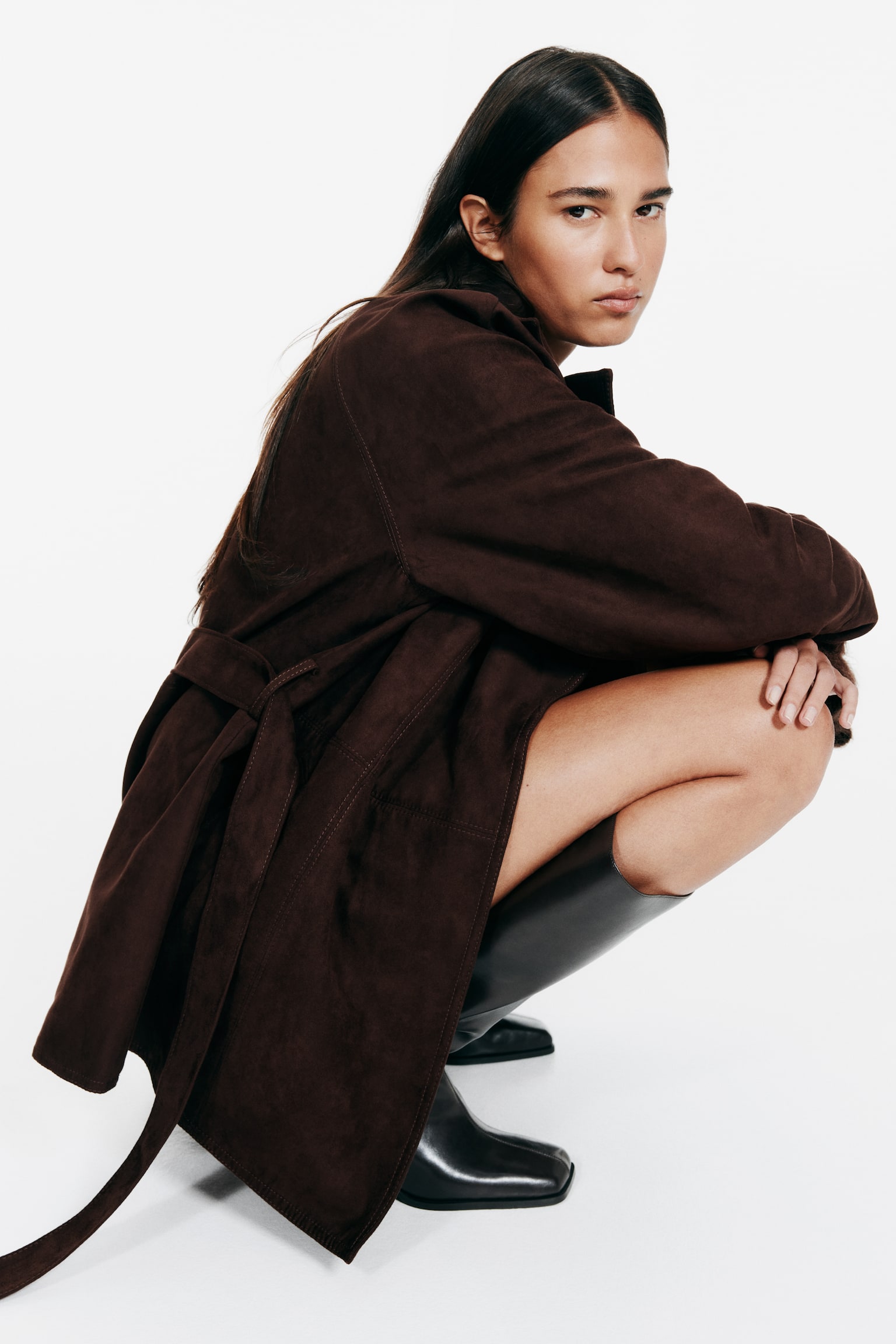 Kabát s vázacím páskem - Tmavě hnědá - 1