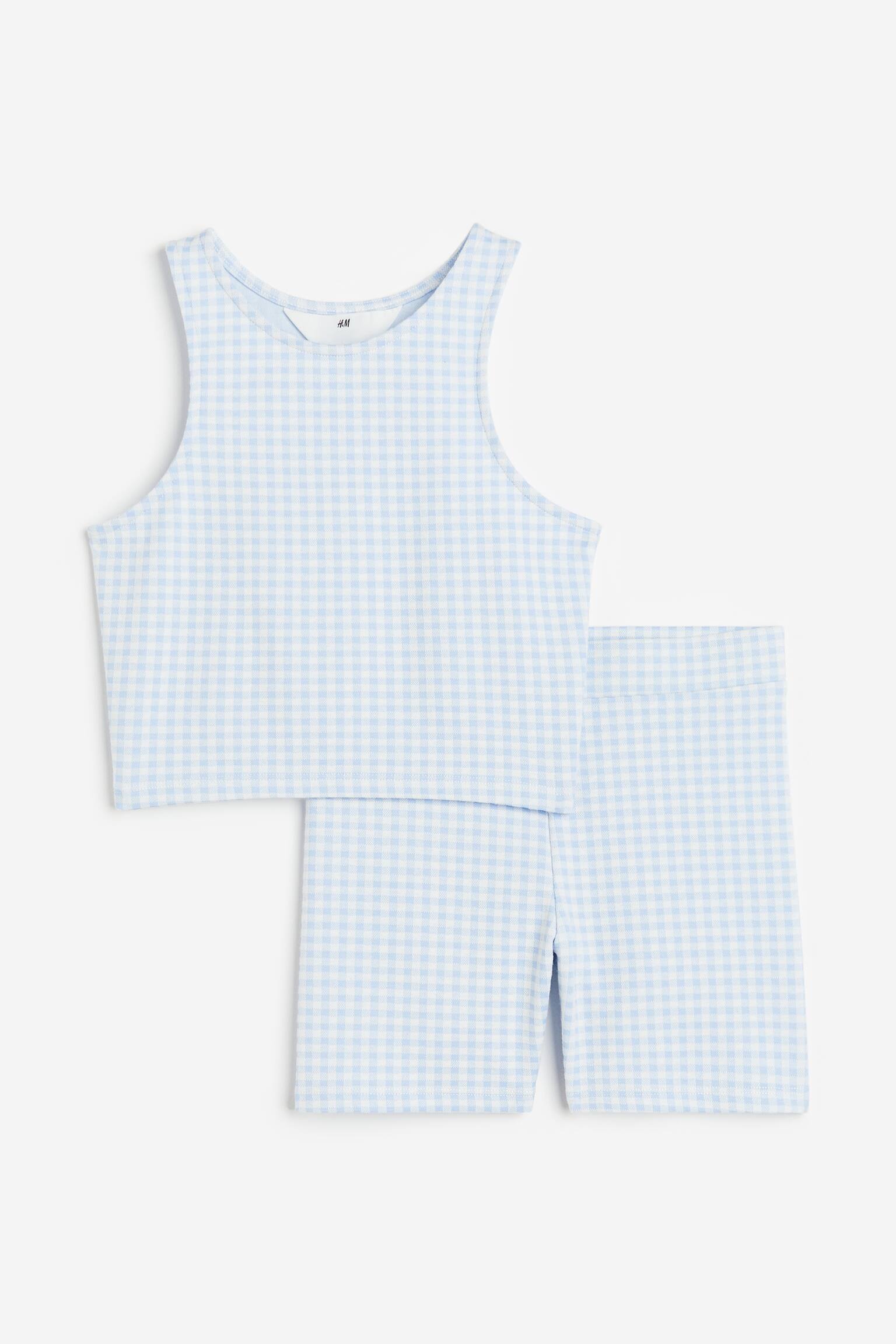 2-piece ribbed jersey set - Light blue/Checked - 1