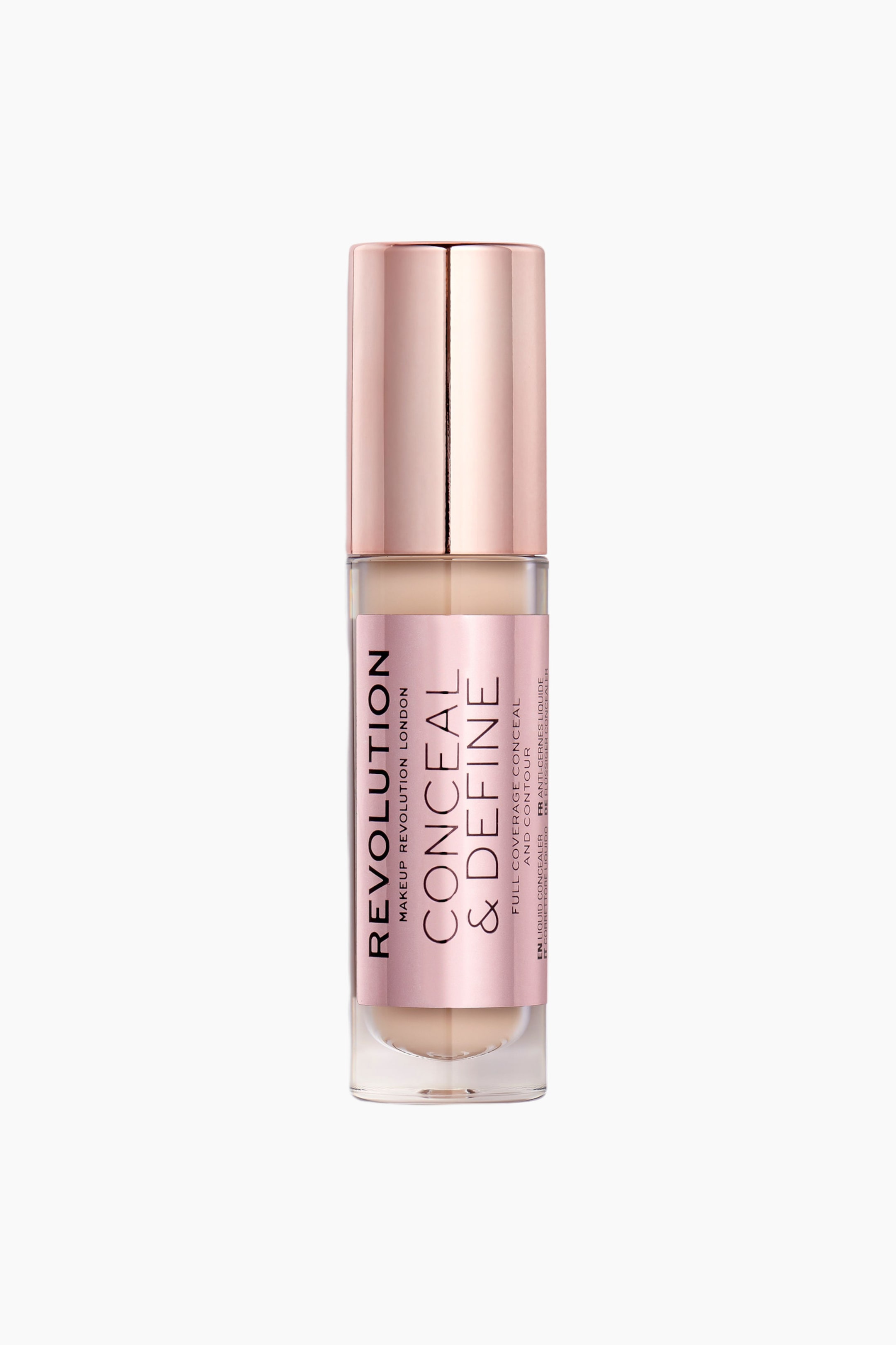 Größeres Bild ansehen: Eine zylindrische Flasche des Concealers Makeup Revolution Conceal & Define steht aufrecht und zeigt durch ihren transparenten Behälter eine hell getönte flüssige Formel. Die Flasche verfügt über einen metallisch roségoldenen Deckel und ein passendes roségoldenes Etikett mit schwarzem aufgedrucktem Branding.