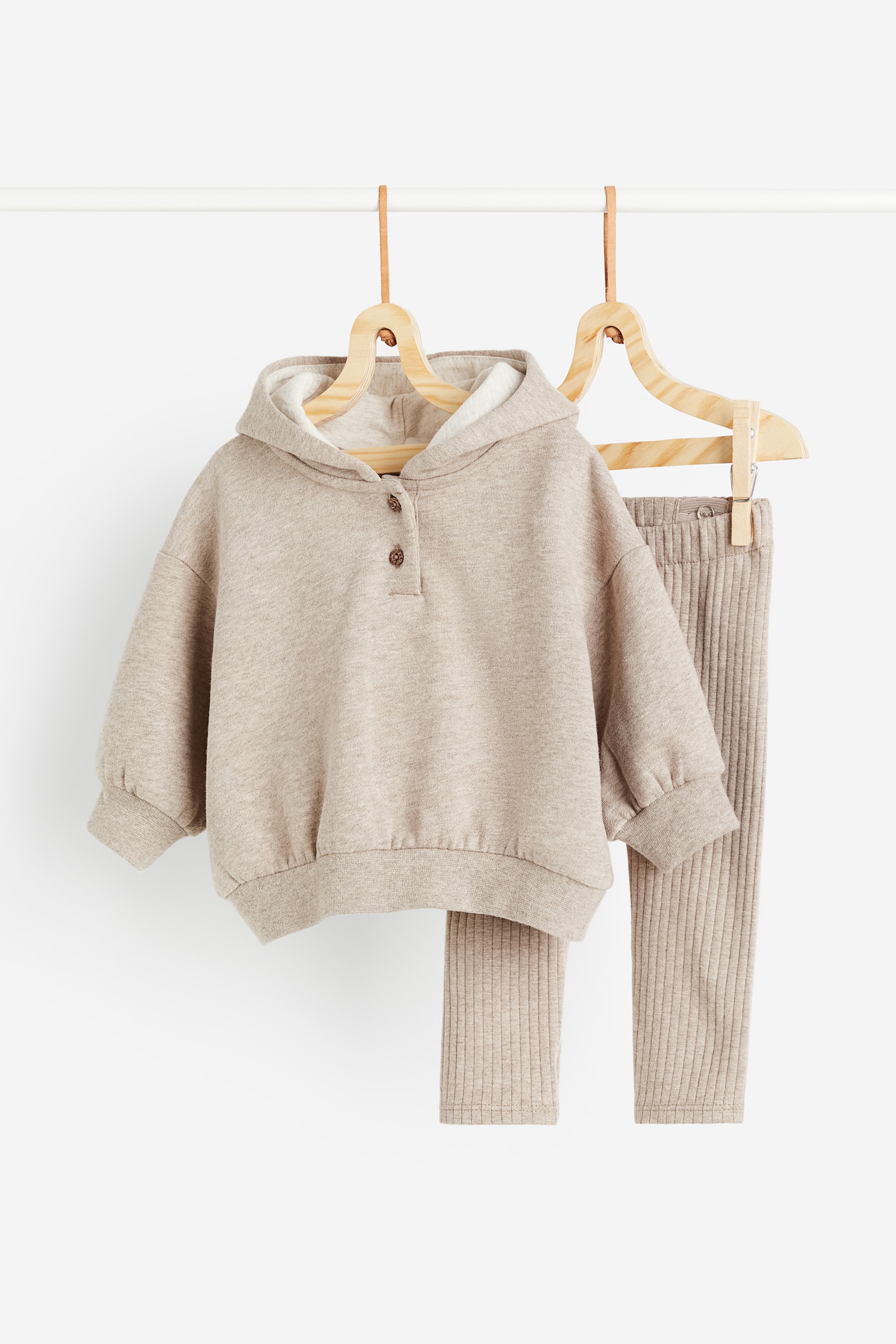 2-piece Hoodie & Leggings Set - Beige marle/Red marle - 1