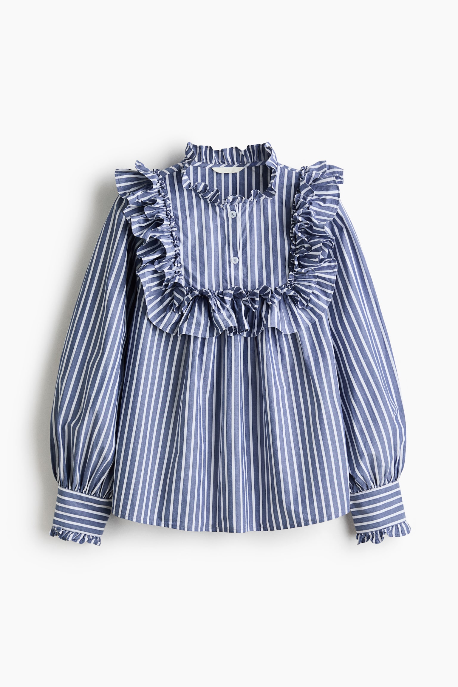 Frill-trimmed cotton blouse - Blue/Striped - 2