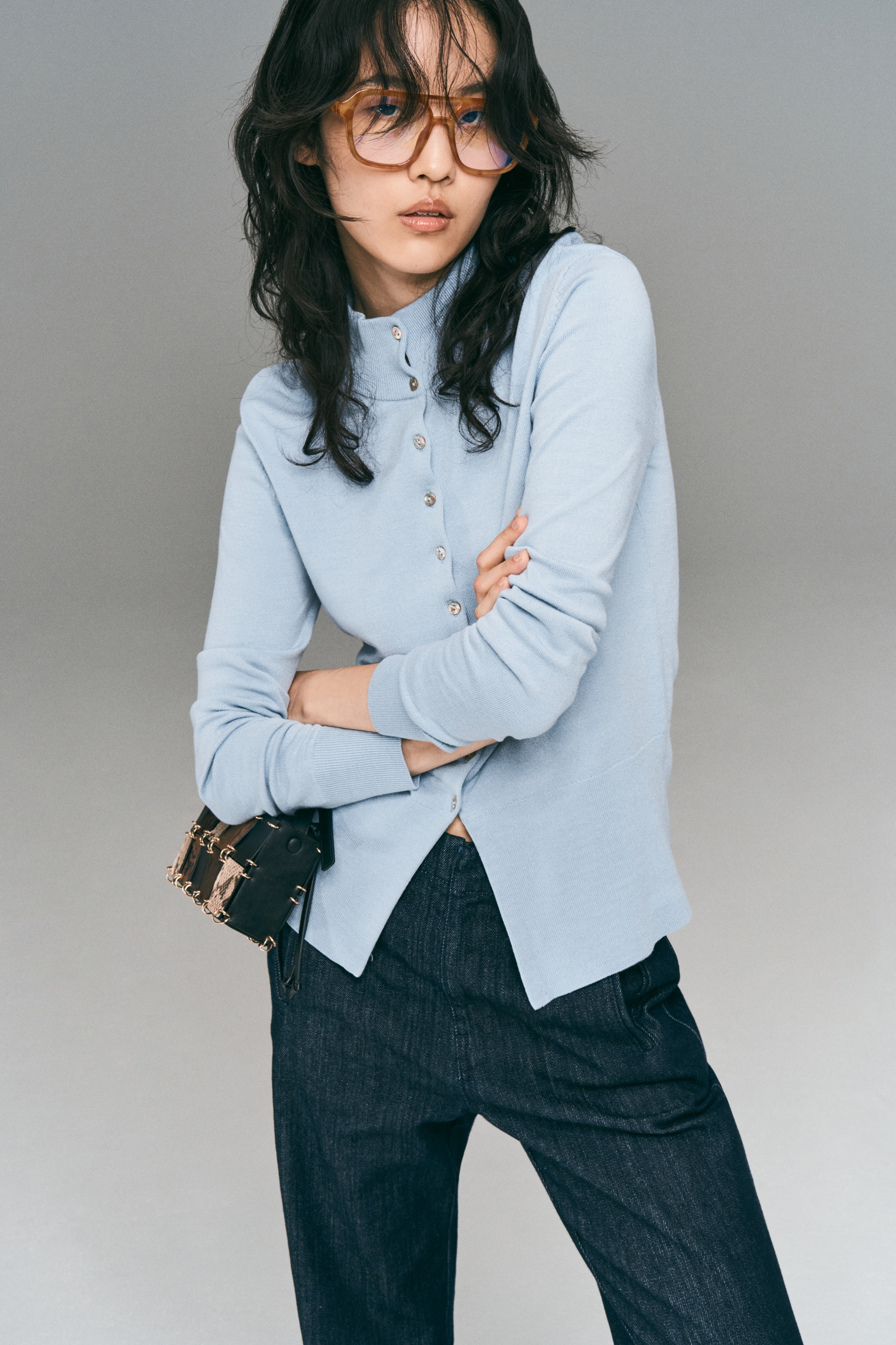 レーヨンブレンド ハイネックカーディガン - ライトブルー