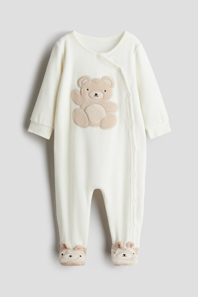 Velour sleepsuit with full feet - Natural white/Bears/White/Teddy bear/Light dusty pink/Rabbit/Light grey/Koala - 1