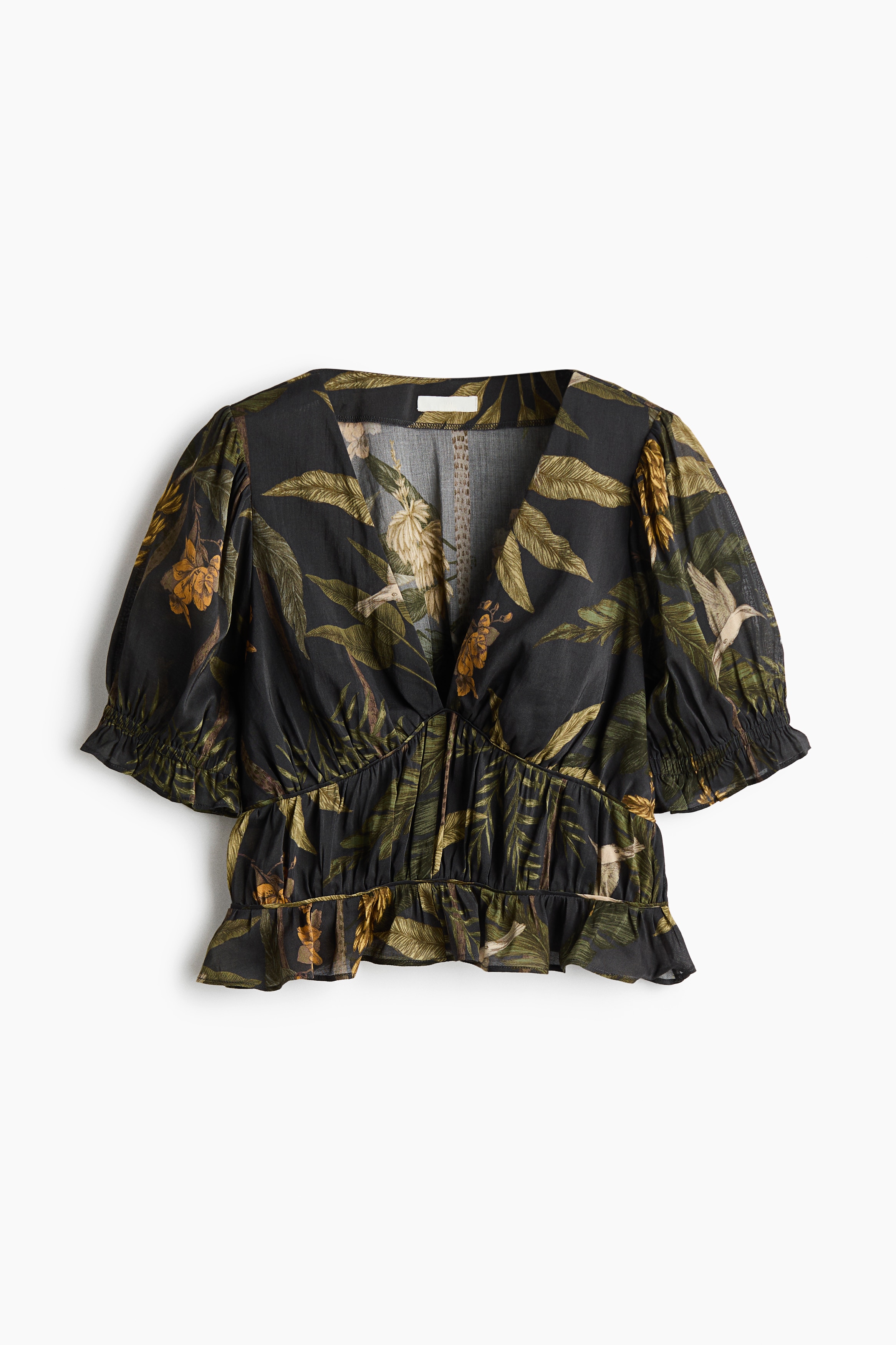 嫘縈混紡抓皺上衣 - 黑色/植物