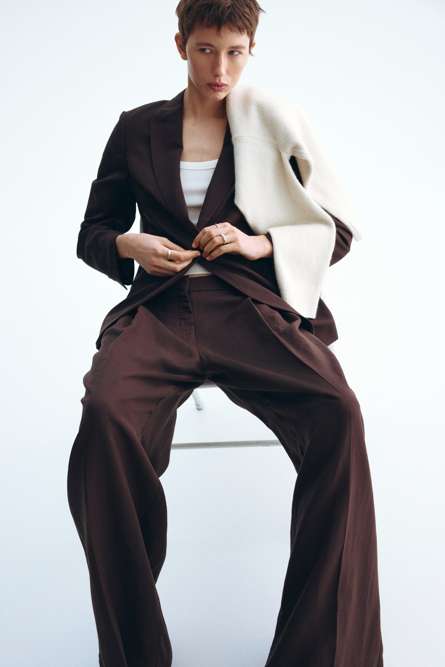 Linen-blend blazer - Dark brown/White/Light beige - 6