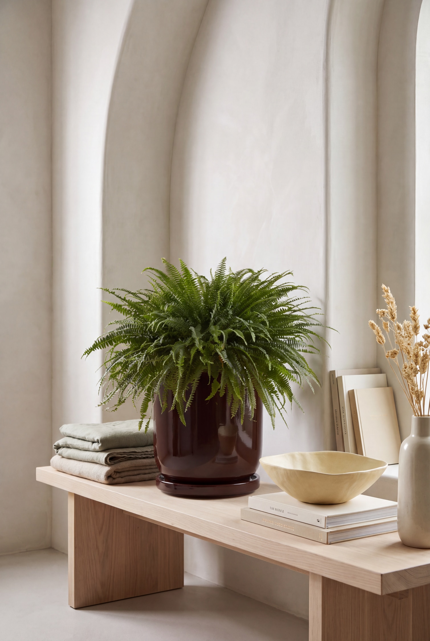 Una lussureggiante felce verde con fronde fitte e piumose cresce da un vaso in ceramica lucida marrone scuro, appoggiato su un sottovaso coordinato.