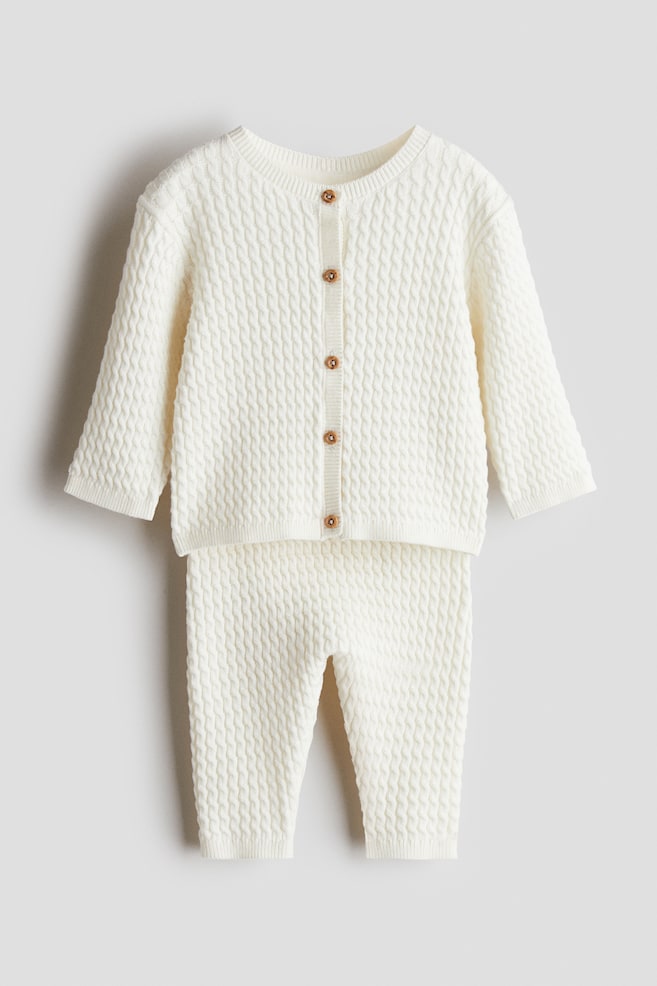 2-piece Fine Knit Set - White/Light beige/Floral/Light beige - 1