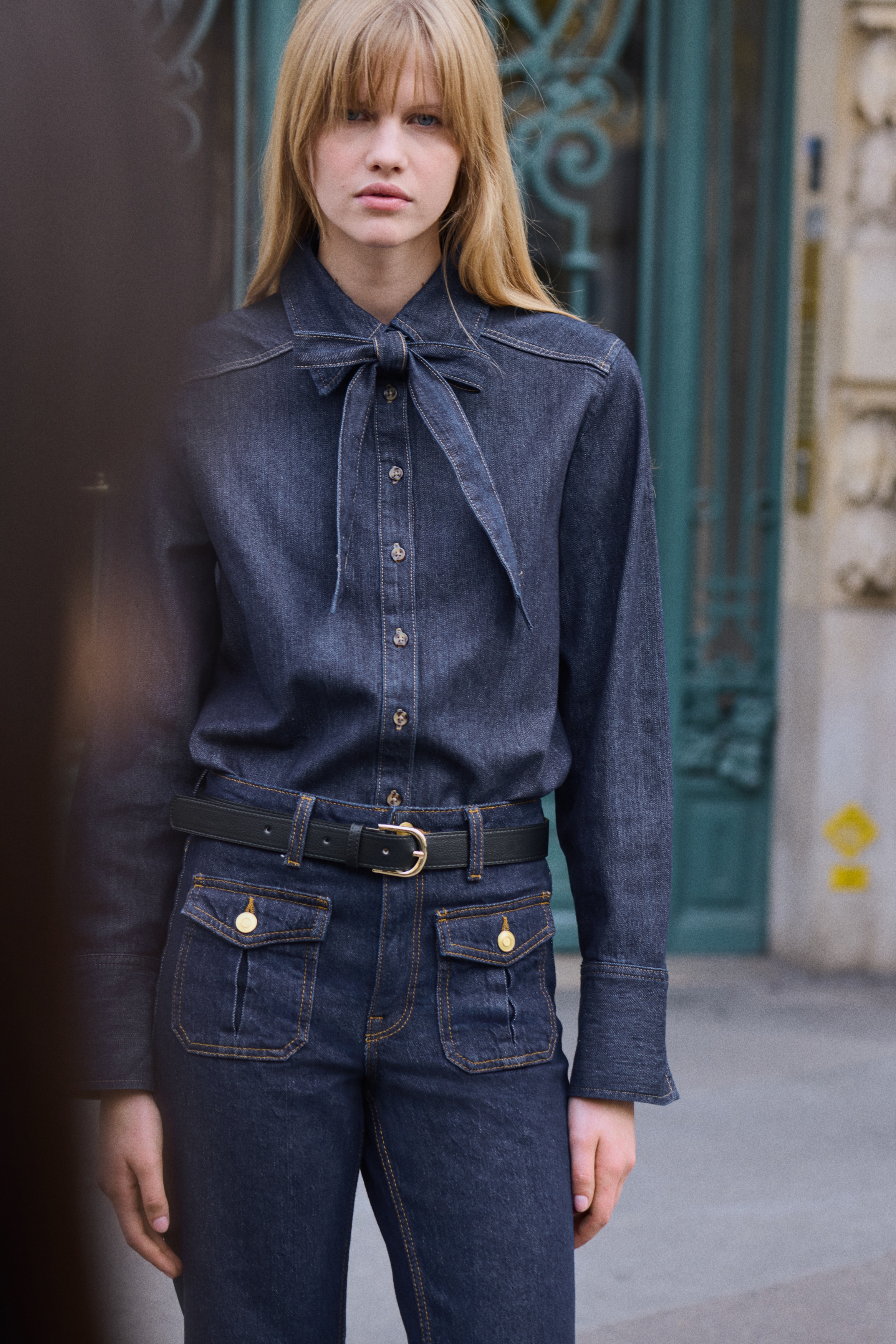 Bow-detail denim blouse