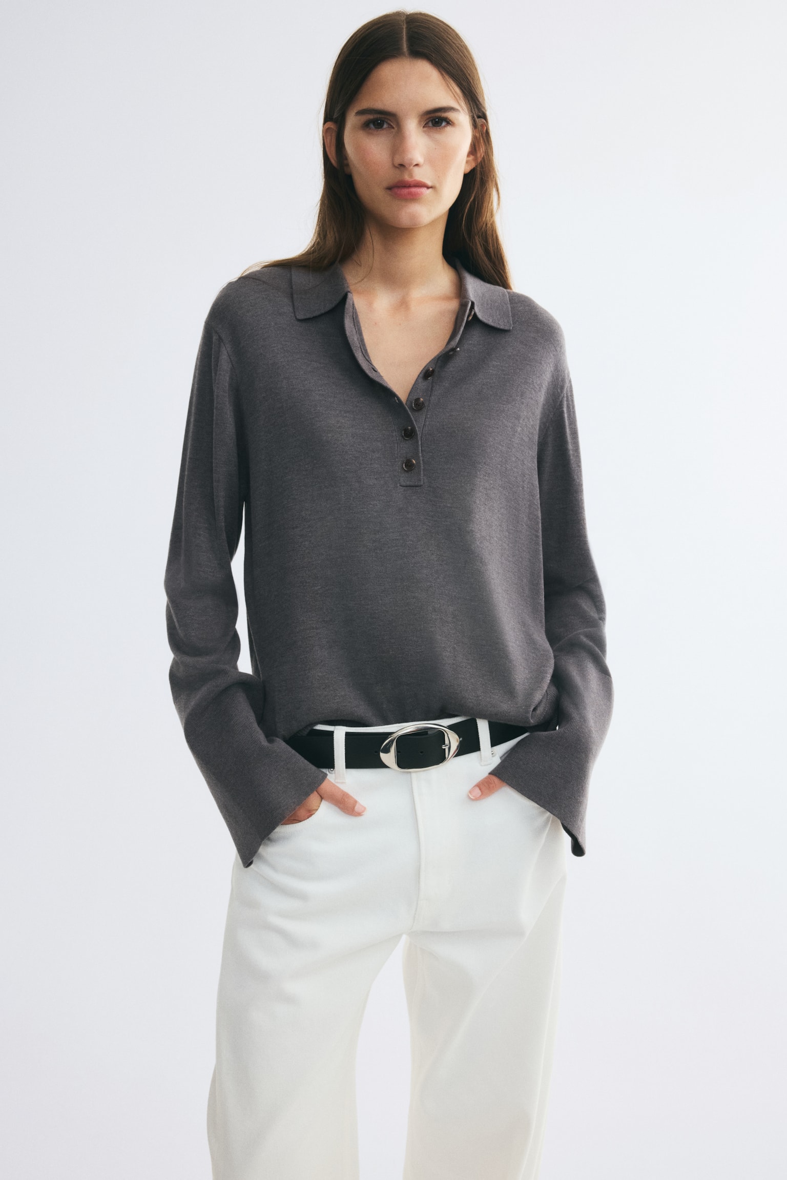Женское поло H&M Fine-Knit Polo Shirt, цвет: Тёмный серый меланжевый — фото 5