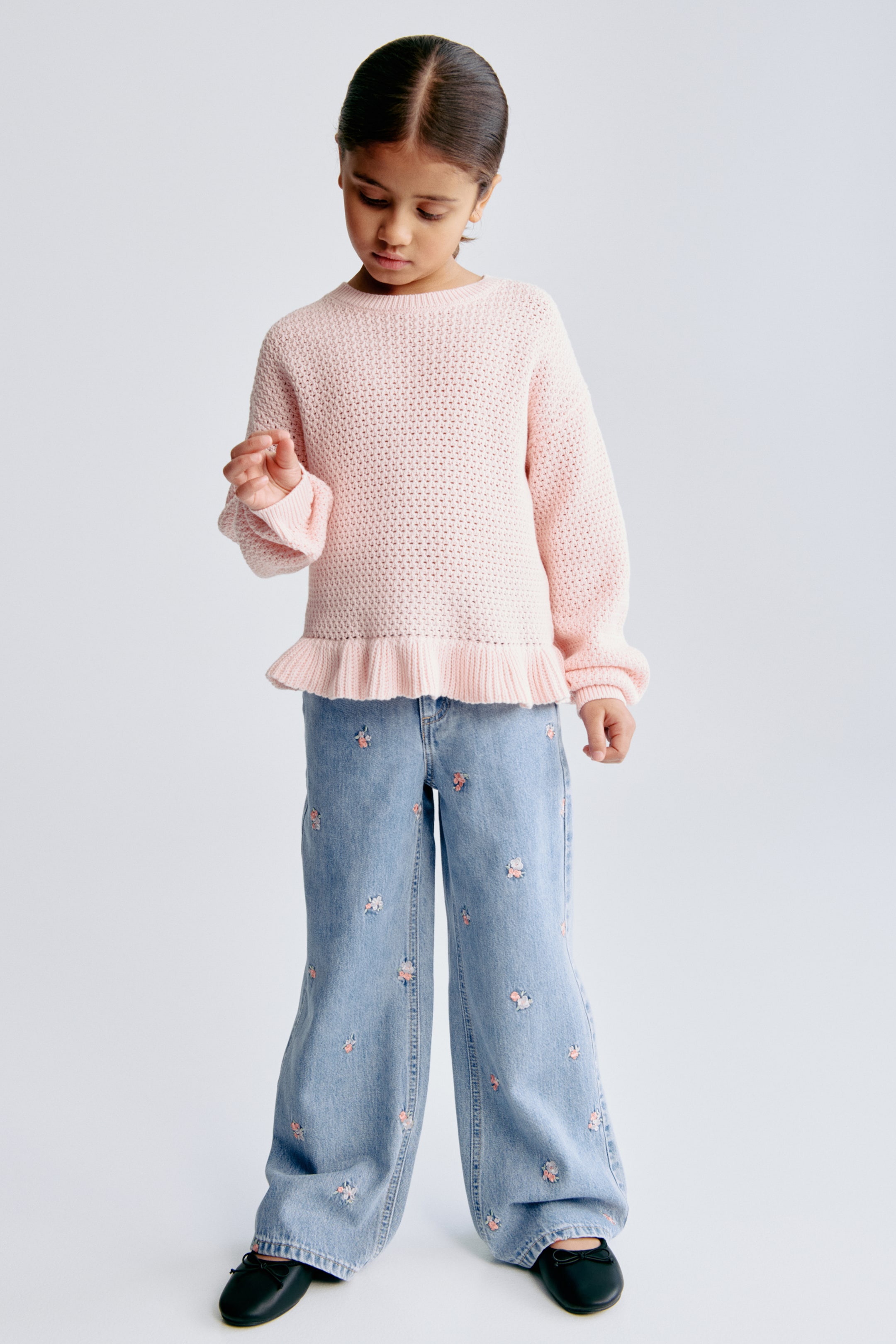 View larger image: Wide-Leg Jeans with Motif Details - Light denim blue/floral - Kids | H&M PH 1