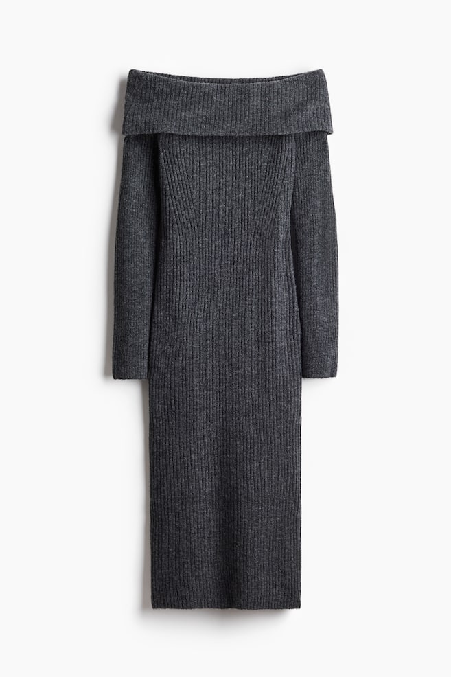 Rib-knit off-the-shoulder dress - Dark grey marl/Beige marl/White - 1