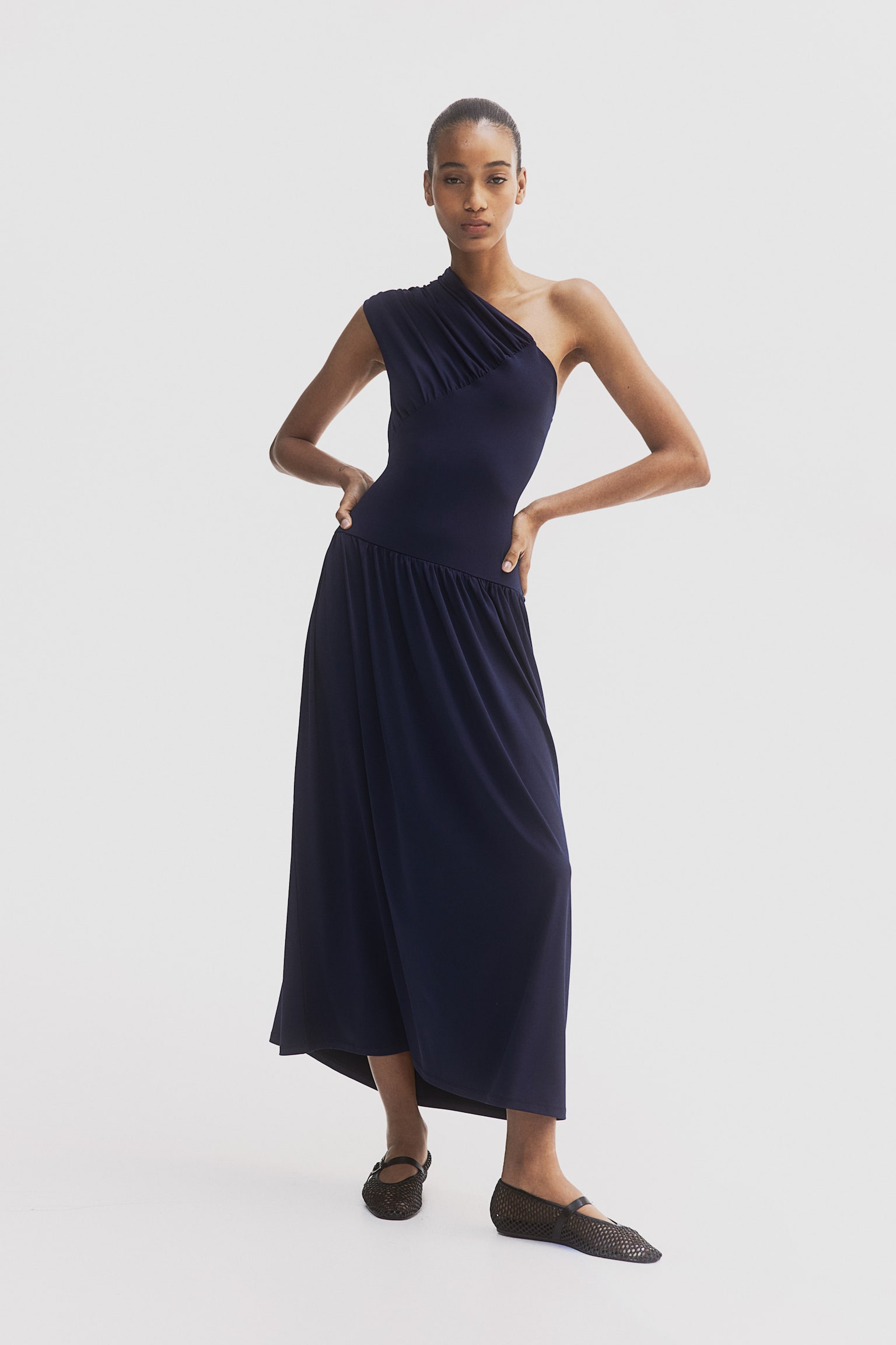 Gathered One Shoulder Dress - Navy blue - 1