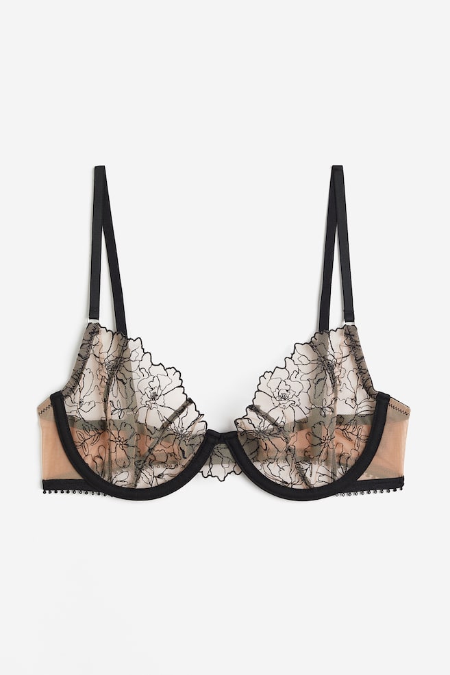 Non-padded underwired embroidered demi bra - Beige/Floral - 2