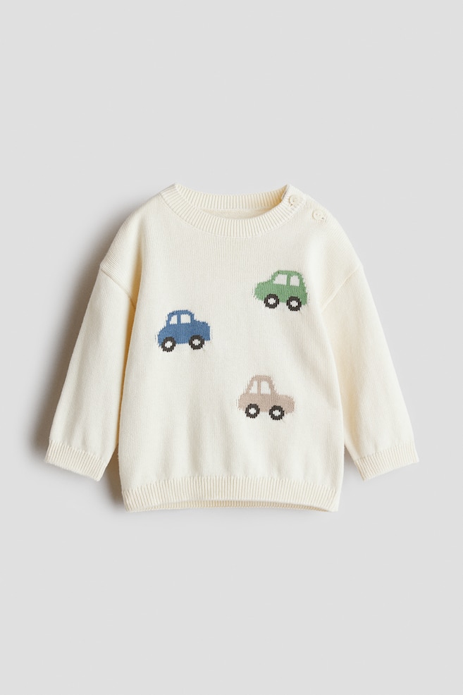Baumwollpullover in Jacquardstrick - Weiss/Autos/Hellbeige/Blau gestreift/Hellbeige/Löwe/Hellbeige/Blau gestreift/Mattblau/Dinosaurier/Graumeliert/Hunde - 1