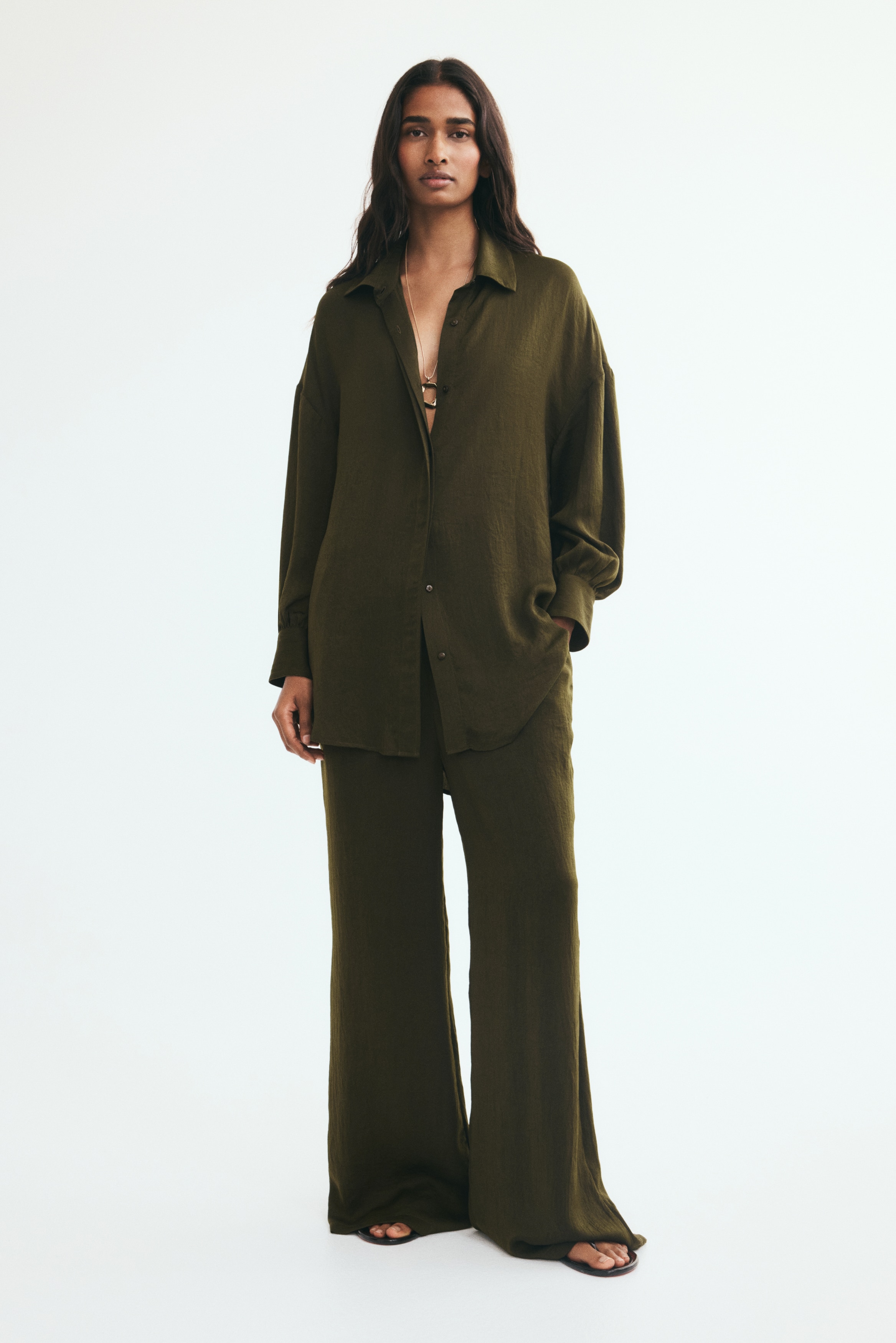 Belted shirt - Dark khaki green/Rust red