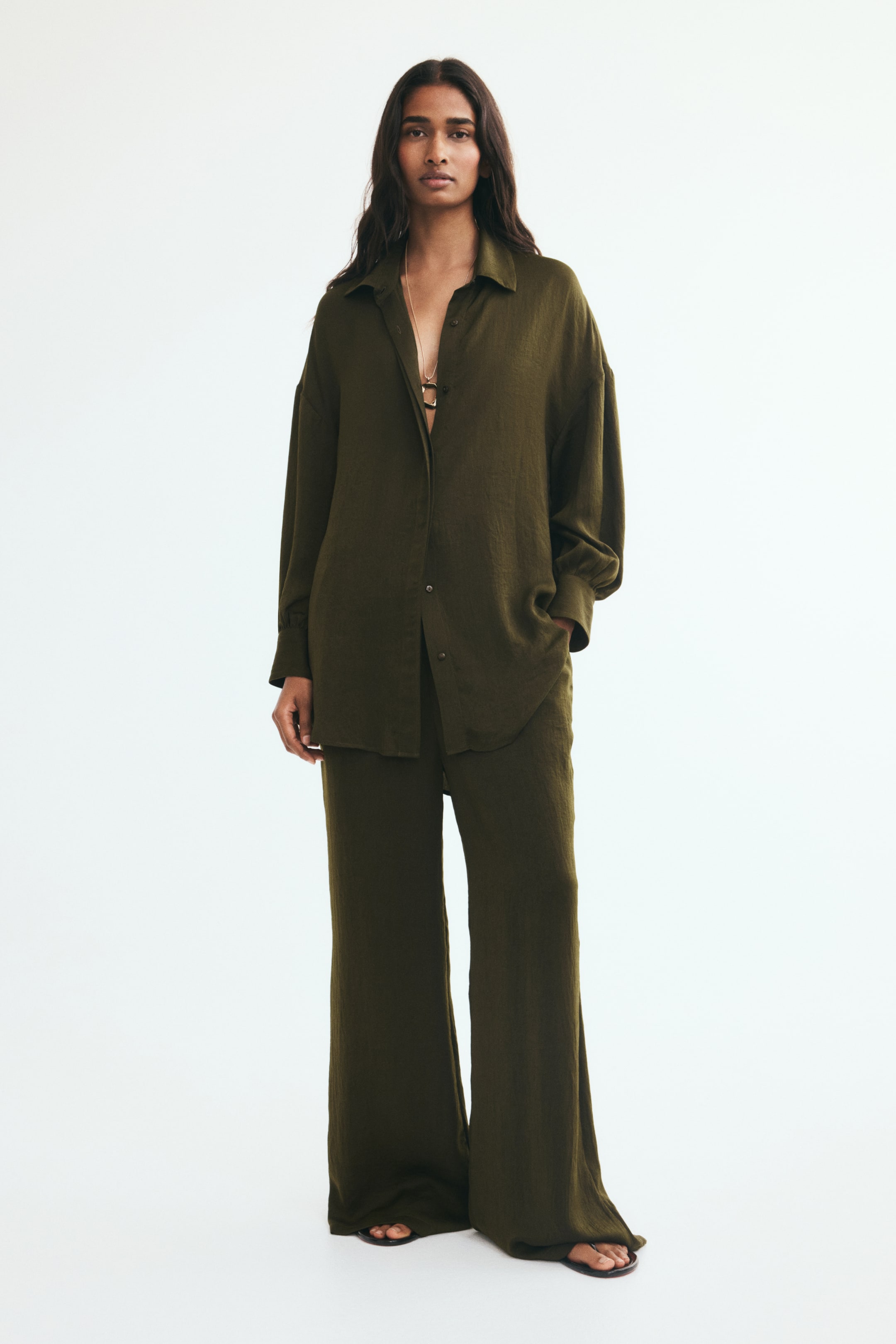 View larger image: Belted shirt - Dark khaki green - Ladies | H&M IN 1
