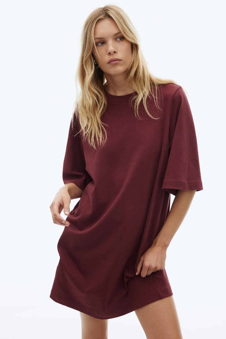 Ladies - Burgundy Cotton T-Shirt Dress - Size: XS - H&M