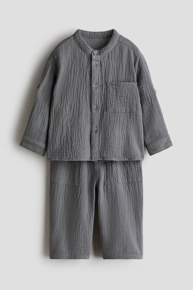 2-piece Cotton Muslin Set - Gray/Khaki green/Light blue - 1