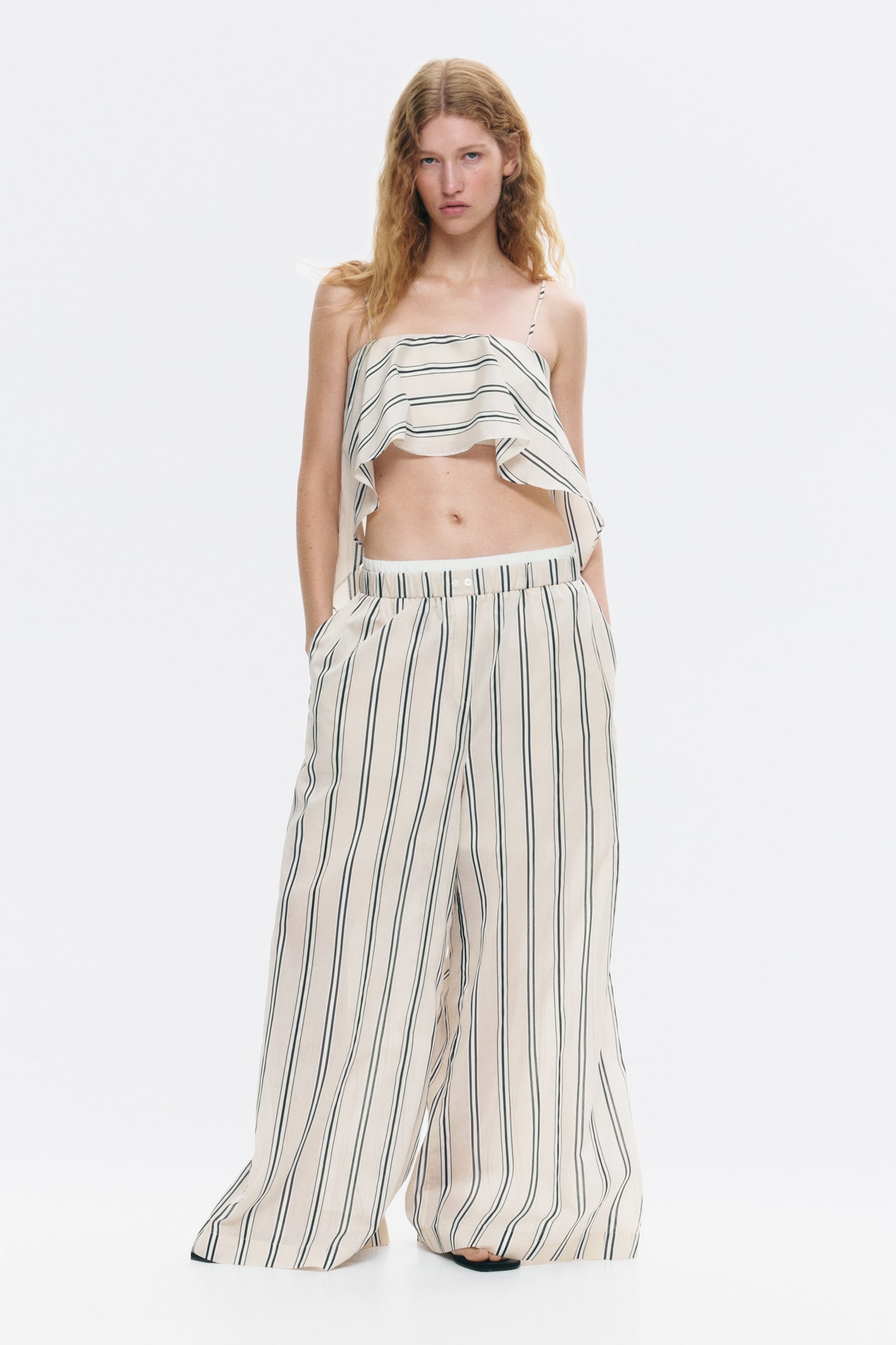 Double-waistband pull-on trousers - Light beige/Striped - 1