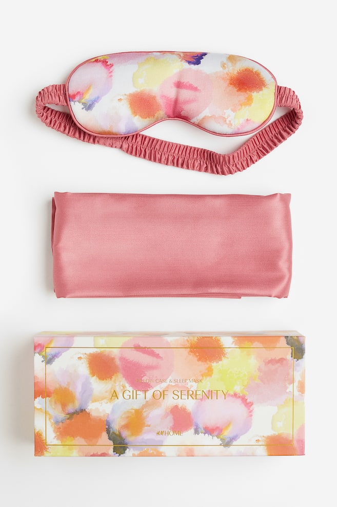 Kopfkissenbezug und Schlafmaske aus Satin - Rosa/Blütenblätter - 1