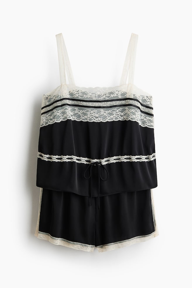 Nachtwäsche aus Satin mit Spitze - Schwarz/Cremefarben - 1
