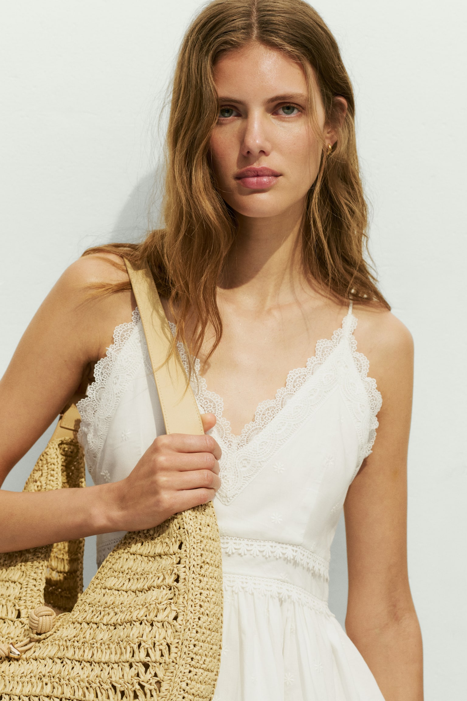 Lace-trimmed cotton dress-Ivory - 5