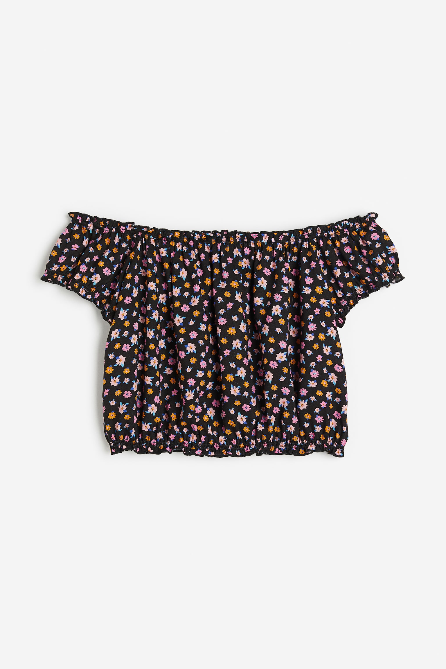 Frill-trimmed off-the-shoulder blouse - Black/Floral/White/Small flowers - 1