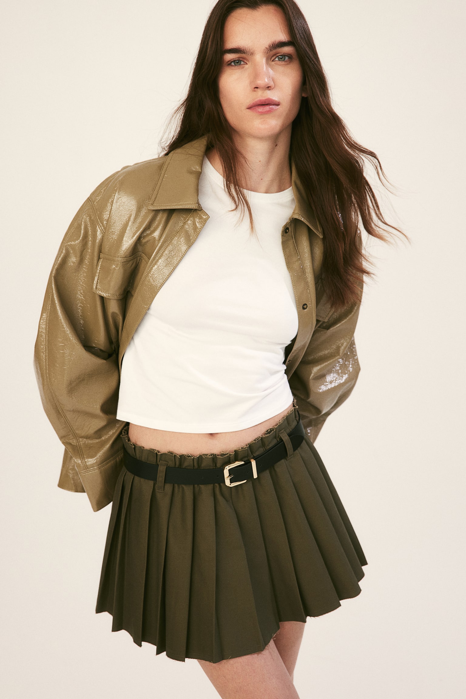 Pleated mini skirt - Dark khaki green/Grey marl/Beige/Black - 1