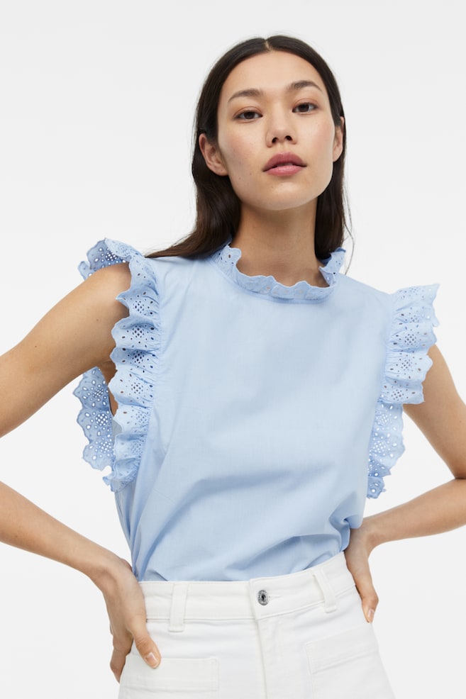 Broderie anglaise-detail blouse - Light blue/White - 4