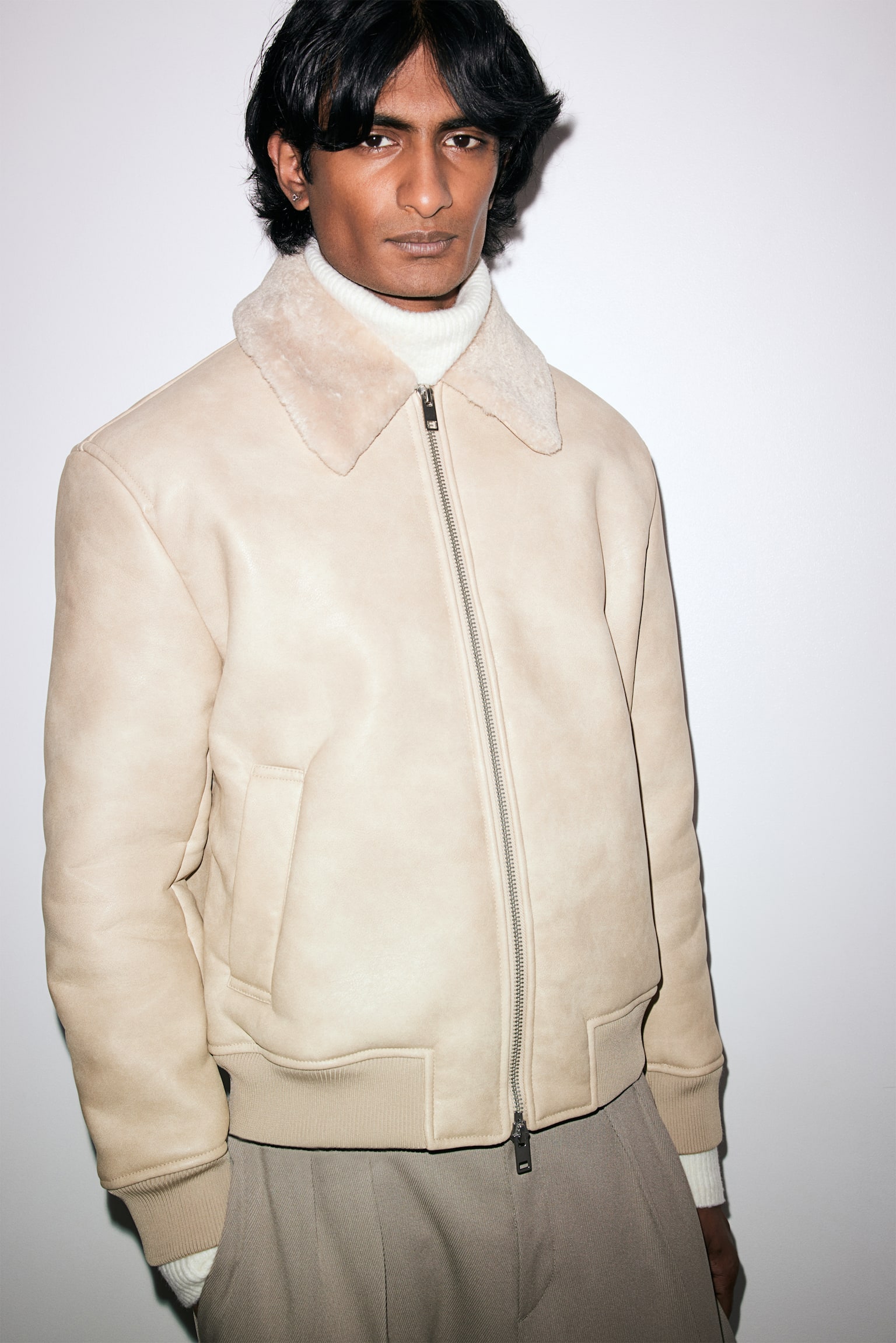 Regular Fit Teddy-lined jacket - Light beige/Black/Beige - 5