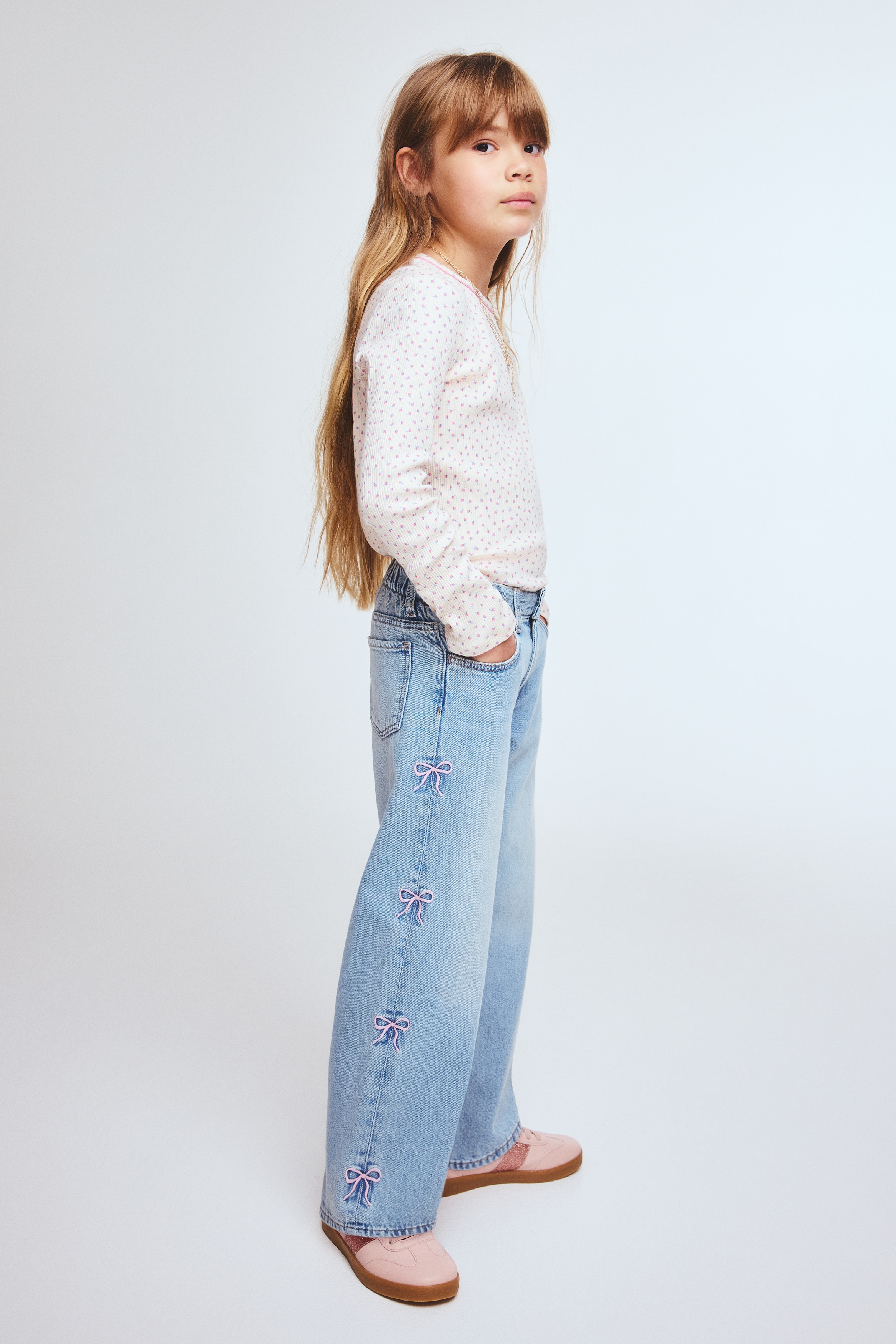 デザインワイドレッグデニム - ライトデニムブルー／リボン - Kids