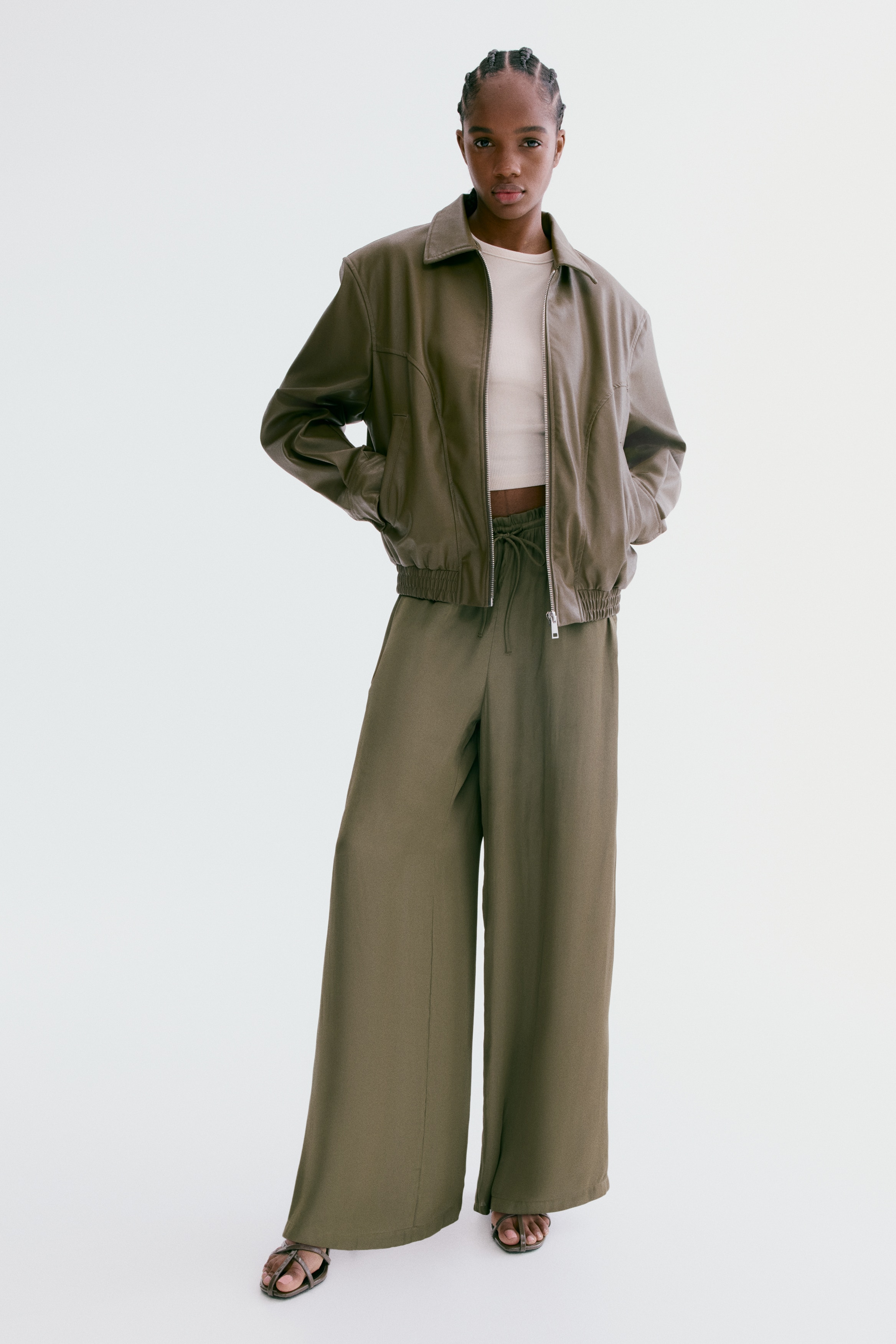 Satijnen broek met drawstring - Donker kakigroen/Zwart/Beige