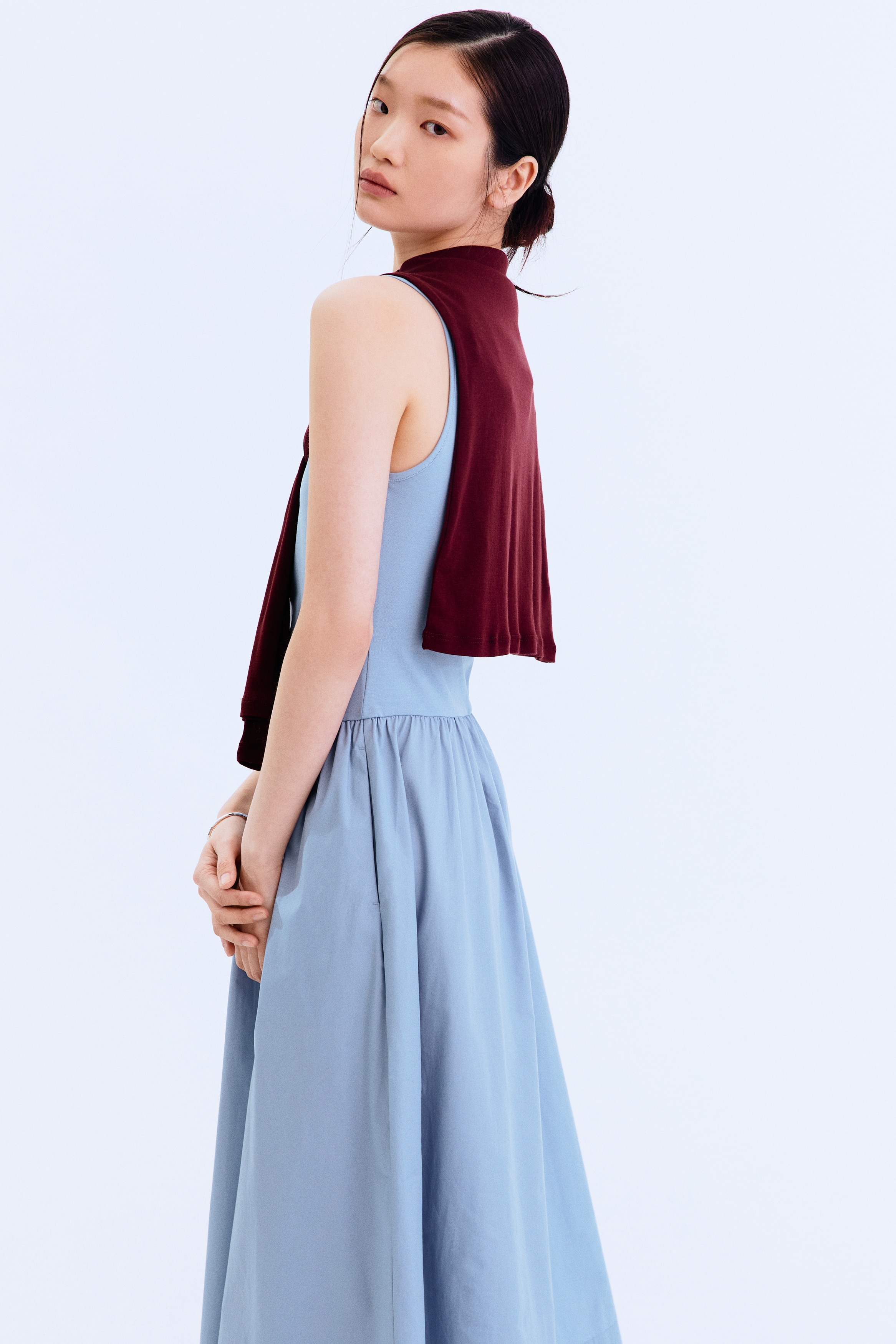 Sleeveless Cotton Dress - Dusty blue/Black/Khaki green