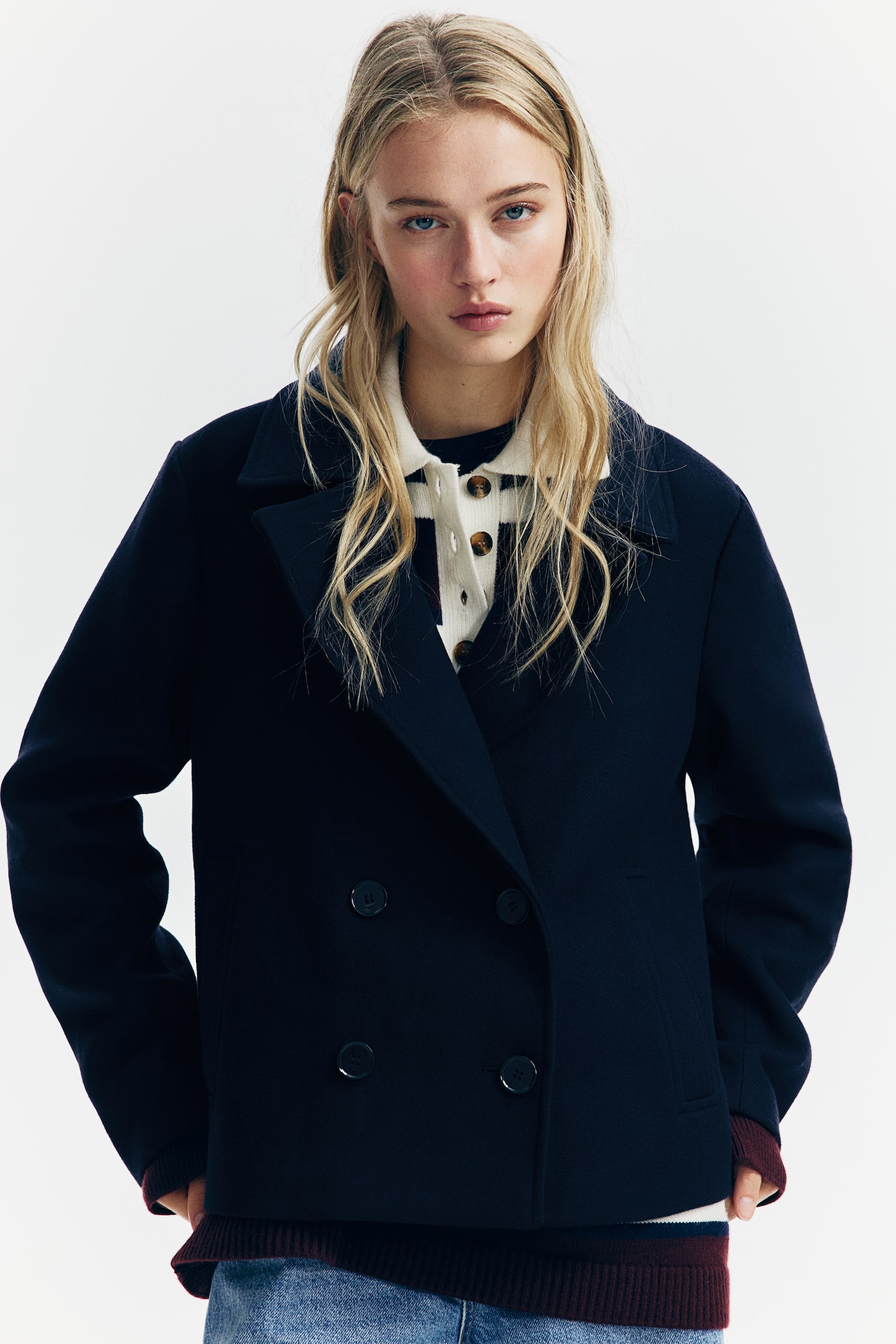 Short pea coat - Navy blue/Black/Greige marl - 5