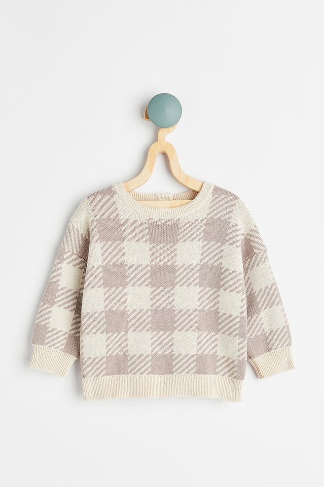 Jacquard-knit cotton jumper - Greige/Checked