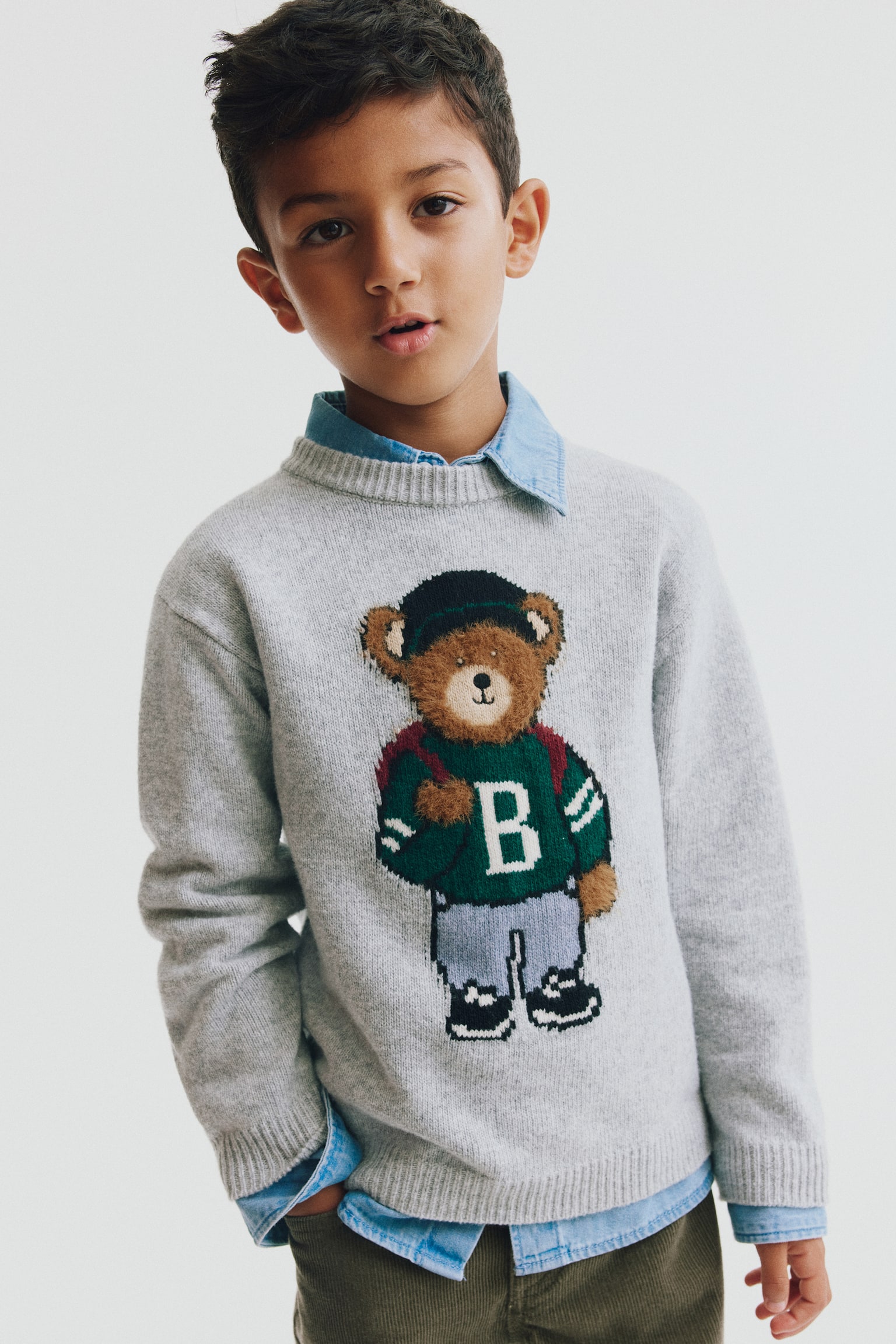 Jacquard-knit jumper - Grey marl/Teddy bear - 1