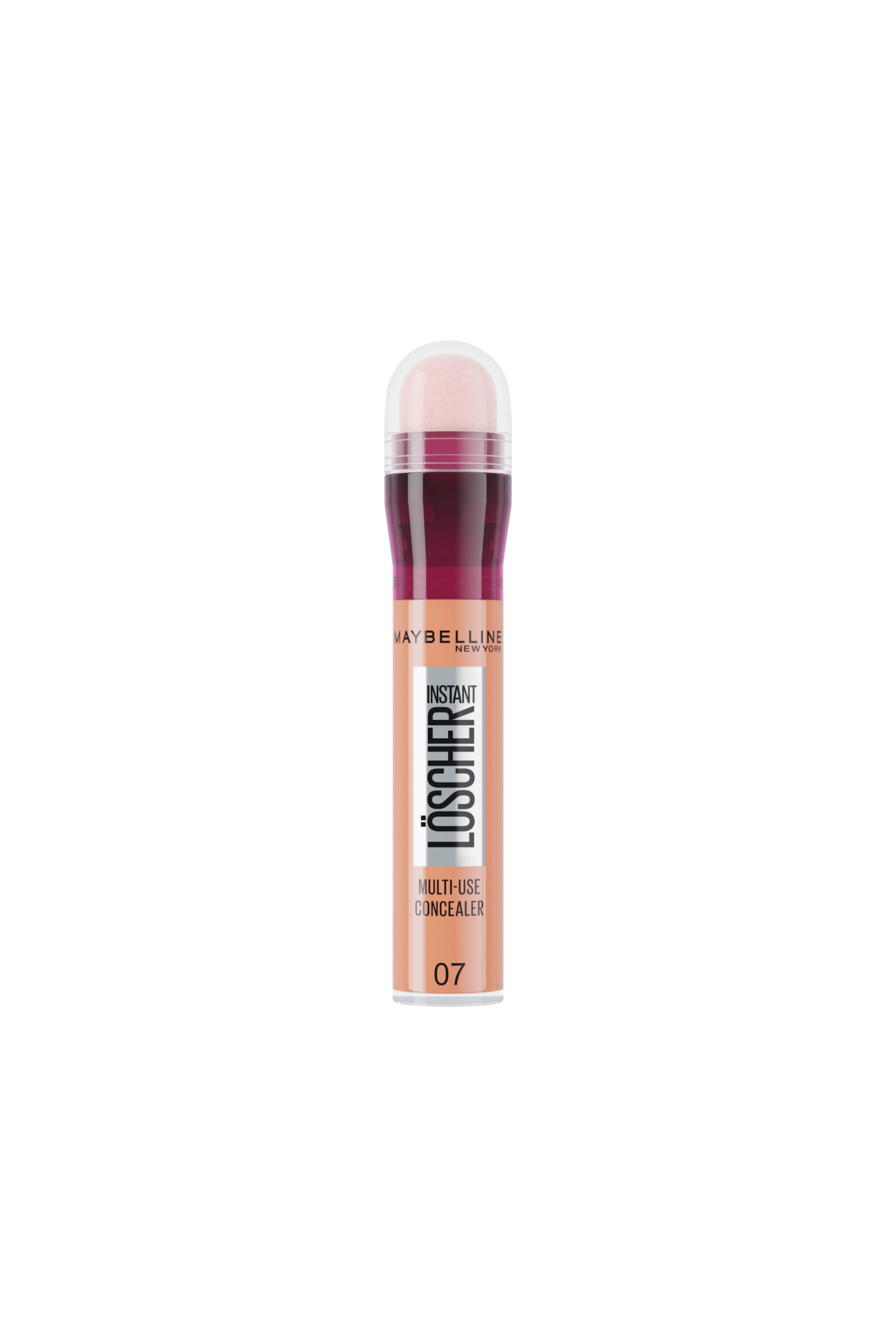 Größeres Bild ansehen: Ein Maybelline Instant Löscher Multi-Use Concealer steht aufrecht und präsentiert seine transparente zylindrische Tube, die mit einer beigen Concealer-Formel gefüllt ist. Die Tube verfügt über einen bordeauxfarbenen Kragen am Hals, der zu einem abgerundeten, hellrosa Schwammapplikator unter einer transparenten Schutzkappe in Domform führt.