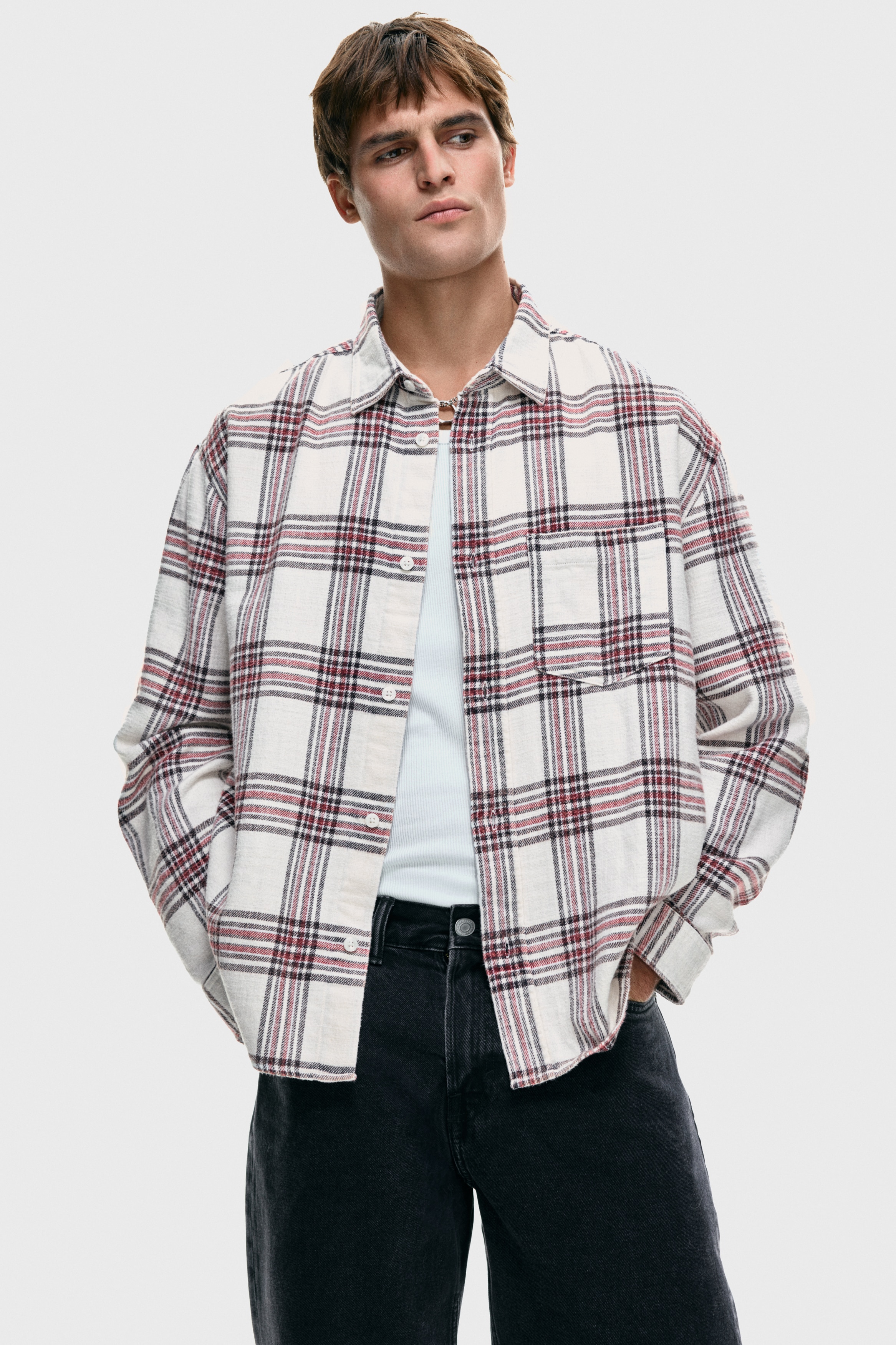 Men - White/Plaid Relaxed-Fit Shirt - Size: 3XL - H&M