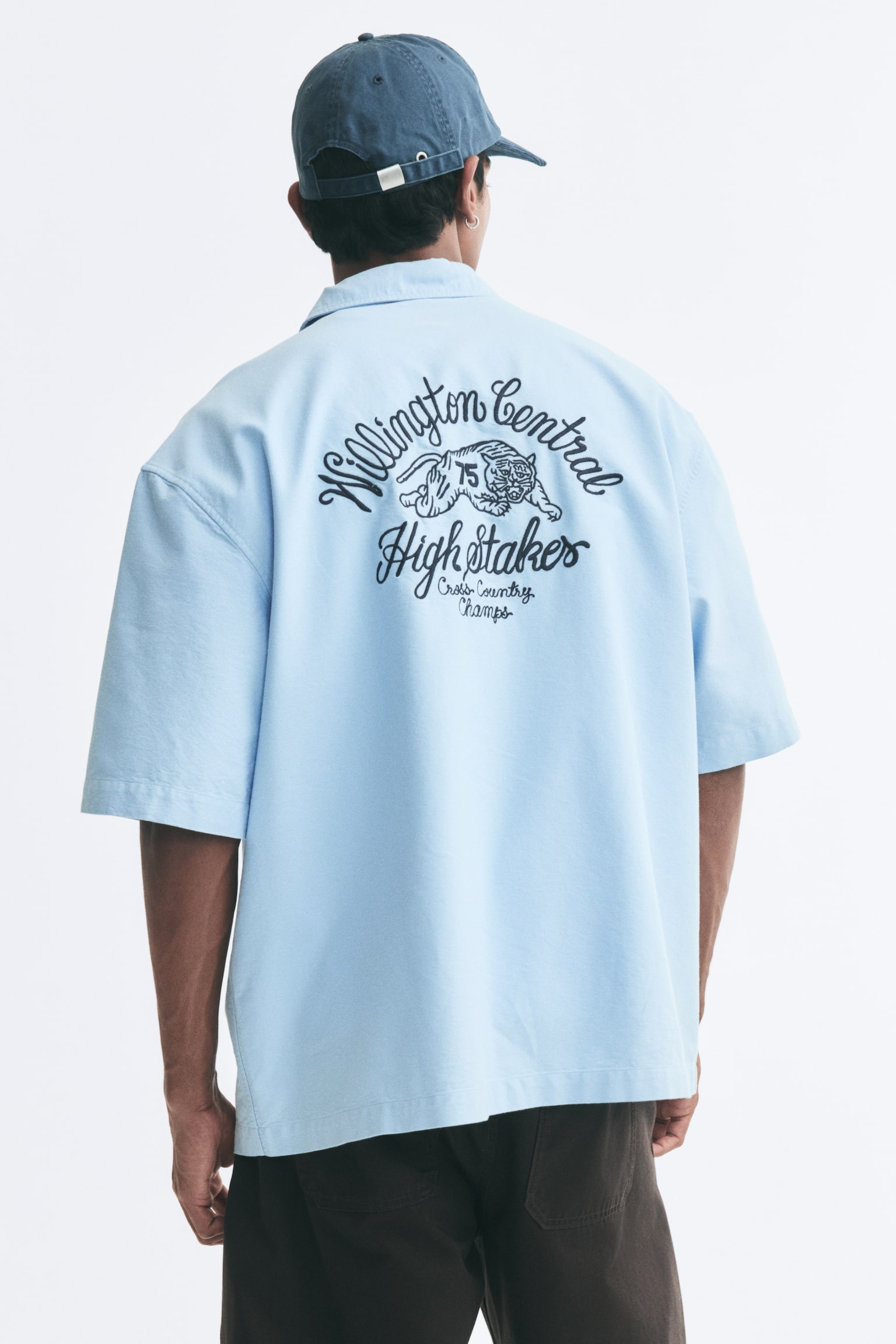 Мужская рубашка H&M Relaxed-Fit Short-Sleeved Embroidered Oxford, цвет: Светлый синий — фото 5
